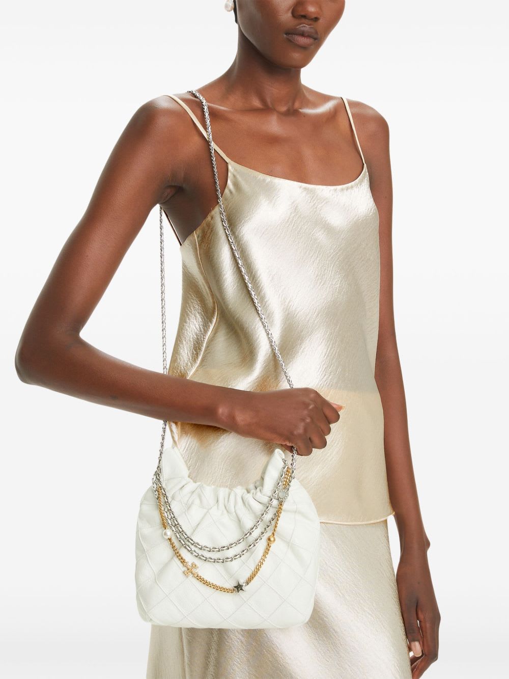 Tory Burch Mini Fleming Soft Distressed Drawstring Bag In White