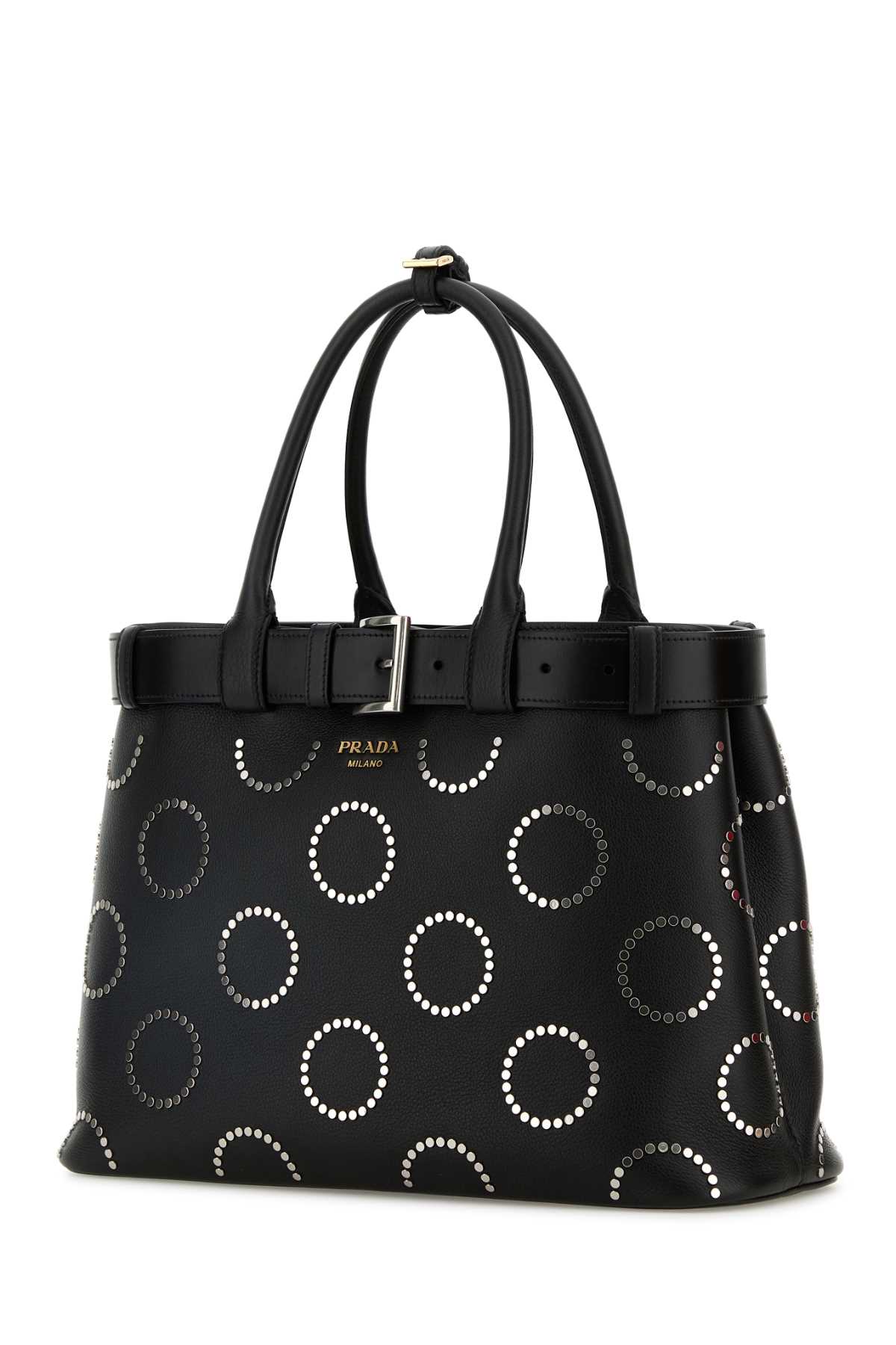 Prada Large Studded Buckle Handbag Top Handle In Black