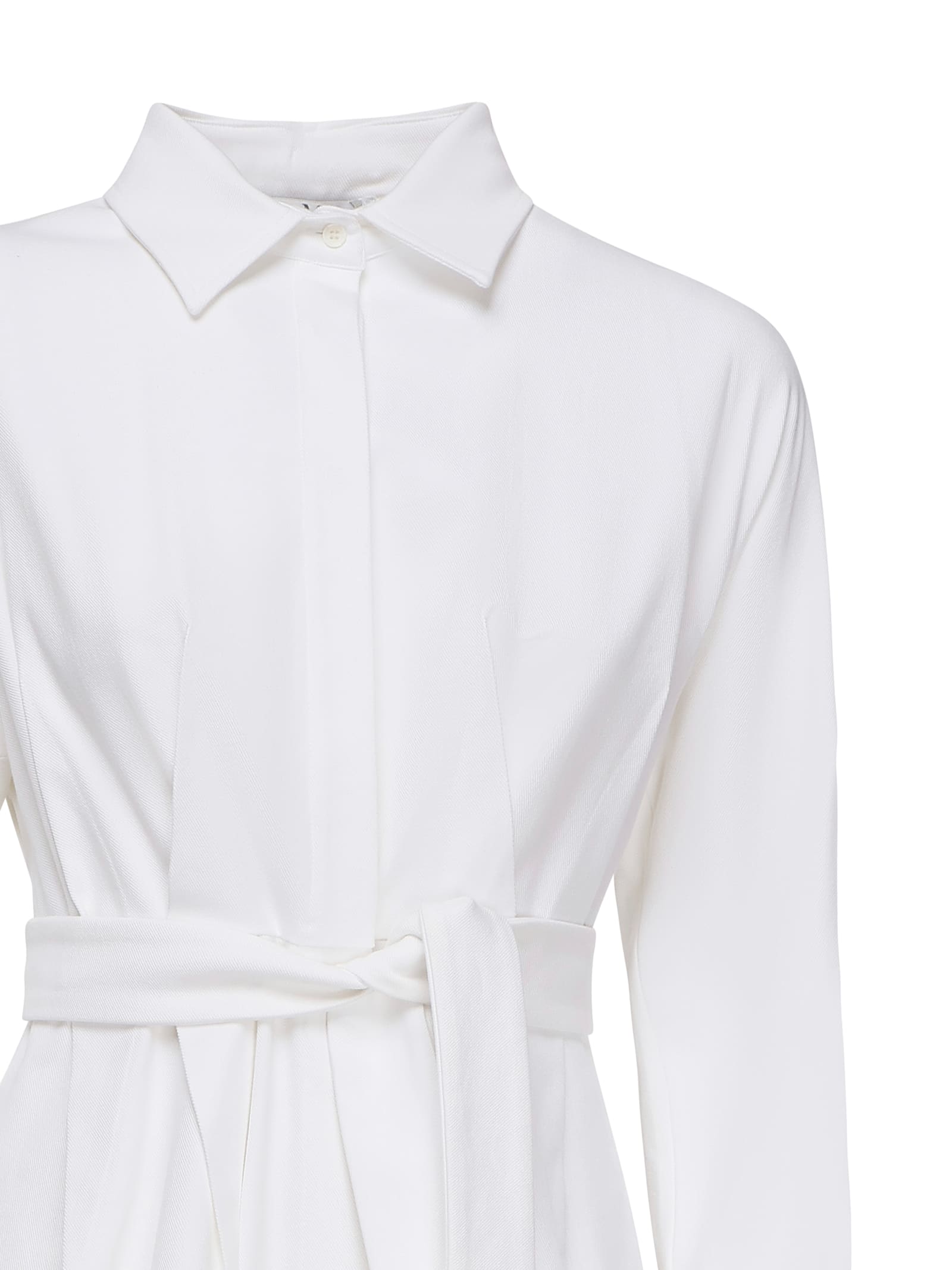 Max Mara White Maxi Dress With Classic Collar And Belted Waist In White