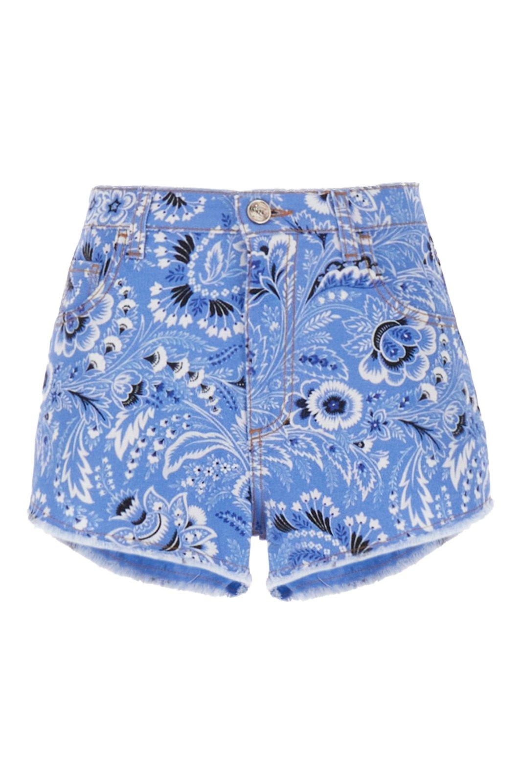 Shop Etro Bandana-print Frayed Denim Shorts In Blu