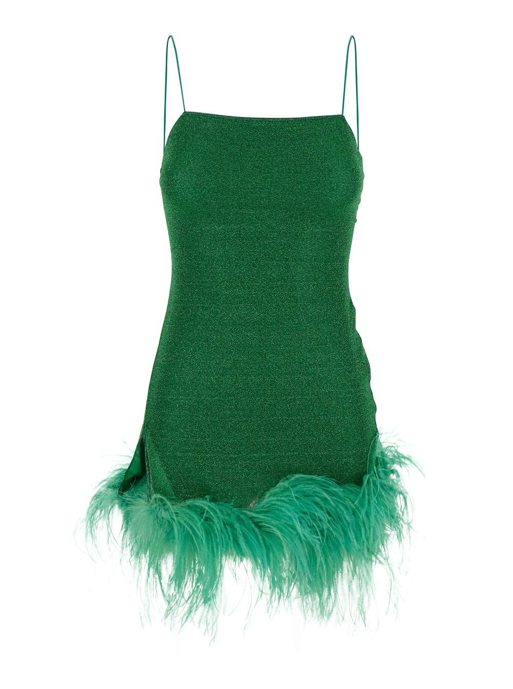 lumiere Plumage Green Sleeveless Slip Dress With Tonal Feathered Hem In Tech Fabric Stretch Woman