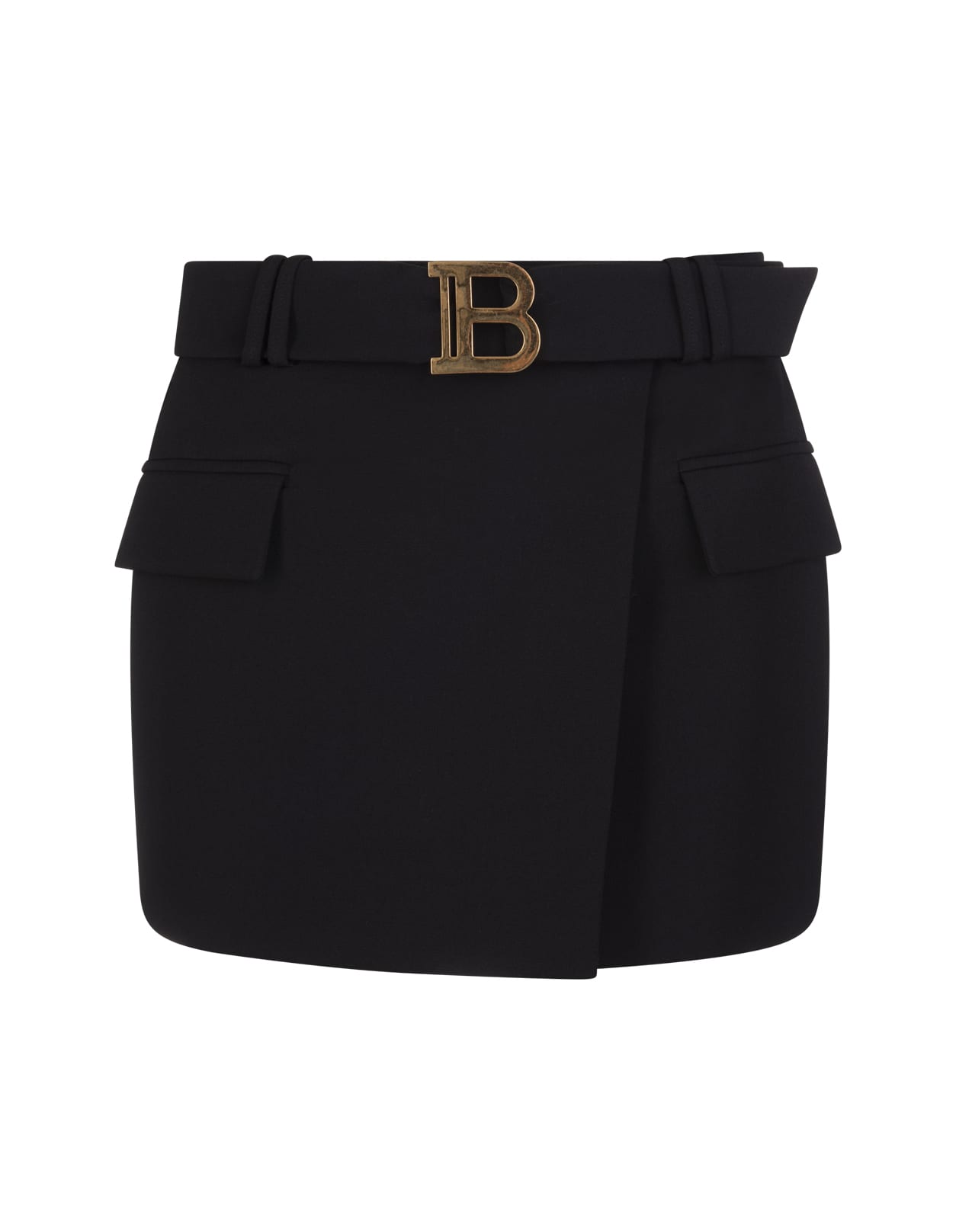 Balmain Low Waist Mini Skirt In Black Wool