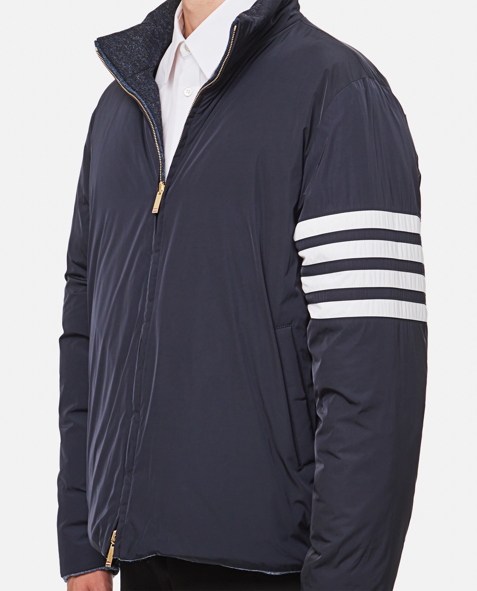 Thom Browne 4 Bar Reversible Neck Zip Up Jacket In Blue