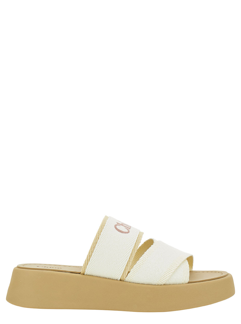 Shop Chloé Mila Beige And White Sabot With Branded Strap In Linen Blend Woman