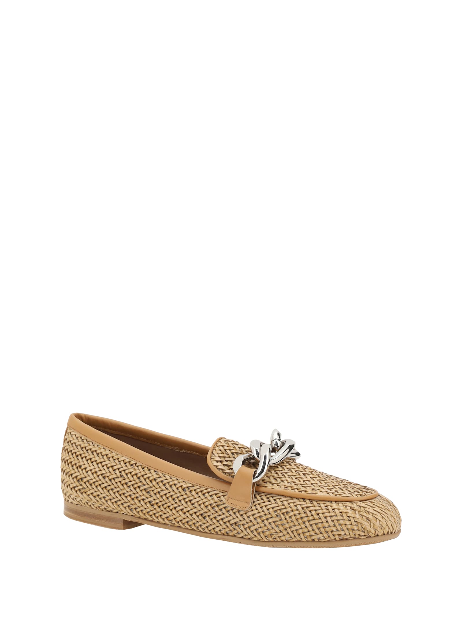 Casadei Woven Leather Loafers With Chain Detail In Naturale