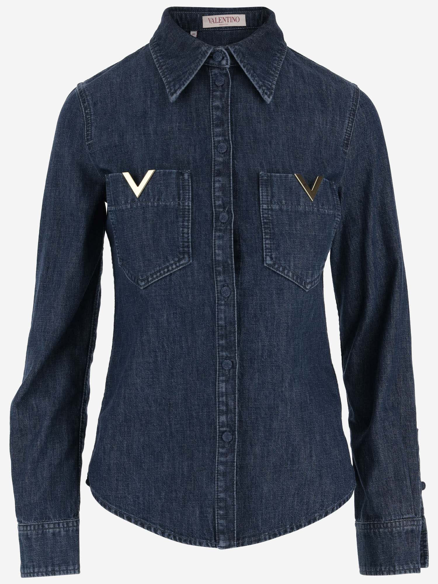 Valentino Cotton Denim Shirt With Vlogo In Medium Blue Denim
