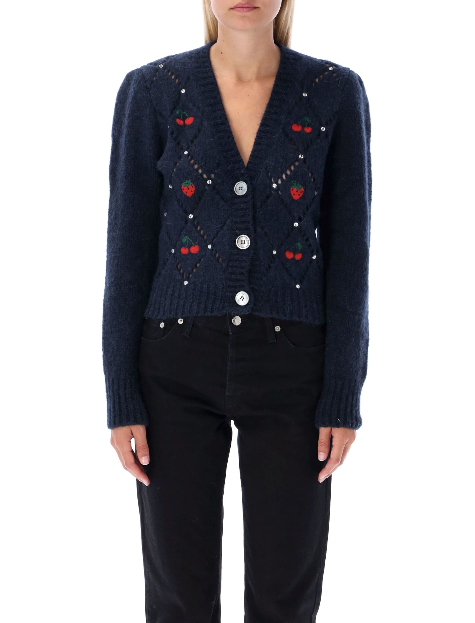 Alessandra Rich Knitted Cardigan With Hotfix And Embroidery