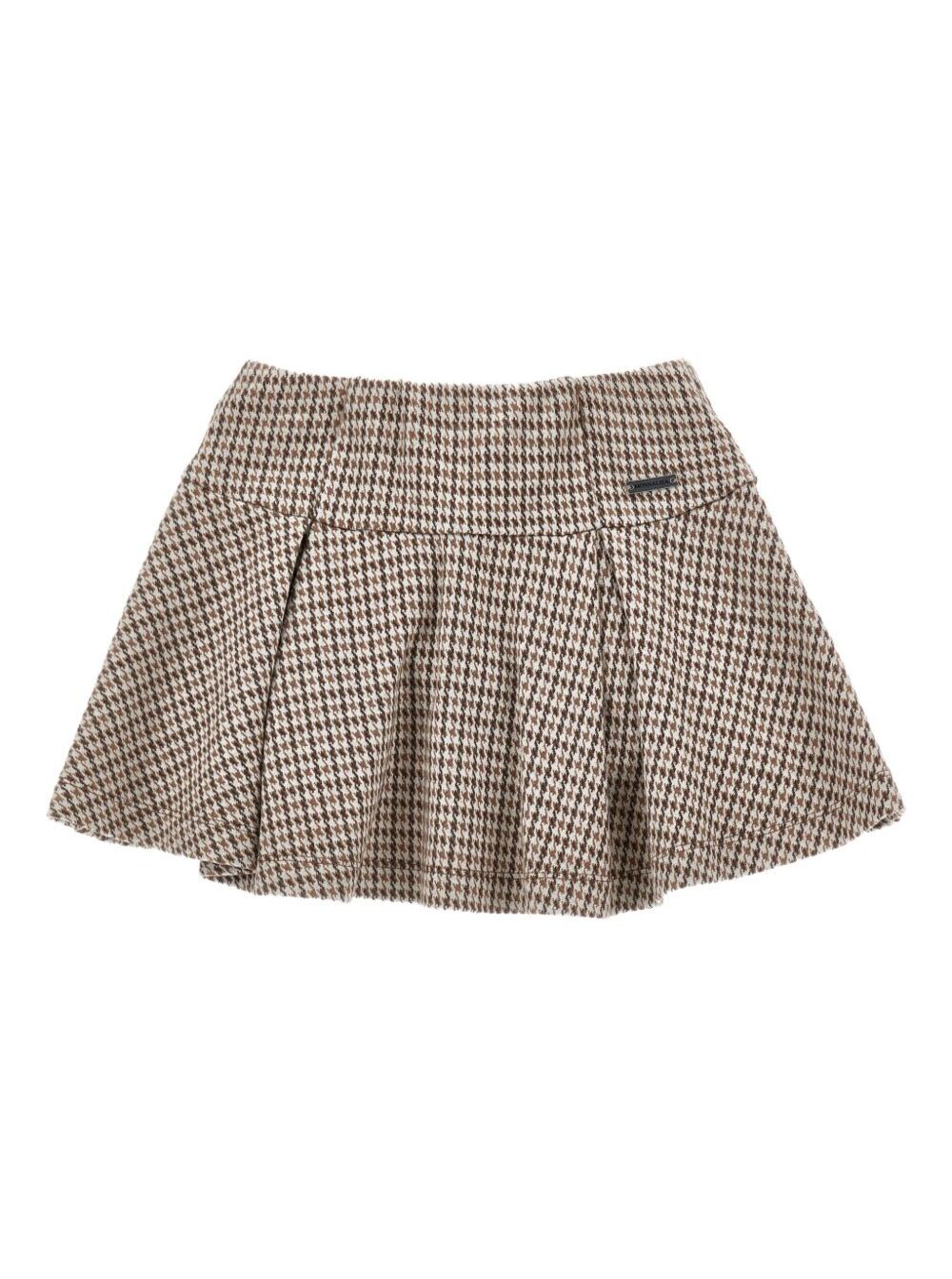 Monnalisa Beige Skirt With Box Pleats And Logo Plaque On The Front In Fabric Girl In Brown