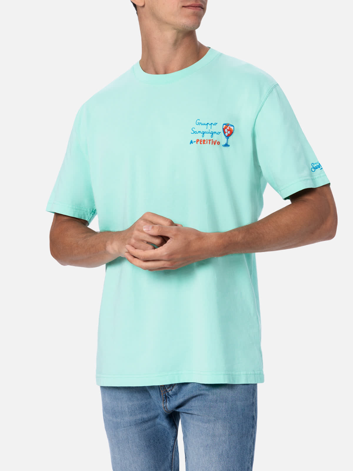 Shop Mc2 Saint Barth Man Classic Fit Cotton Jersey T-shirt Portofino With Gruppo Sanguigno A Peritivo Embroidery In Green