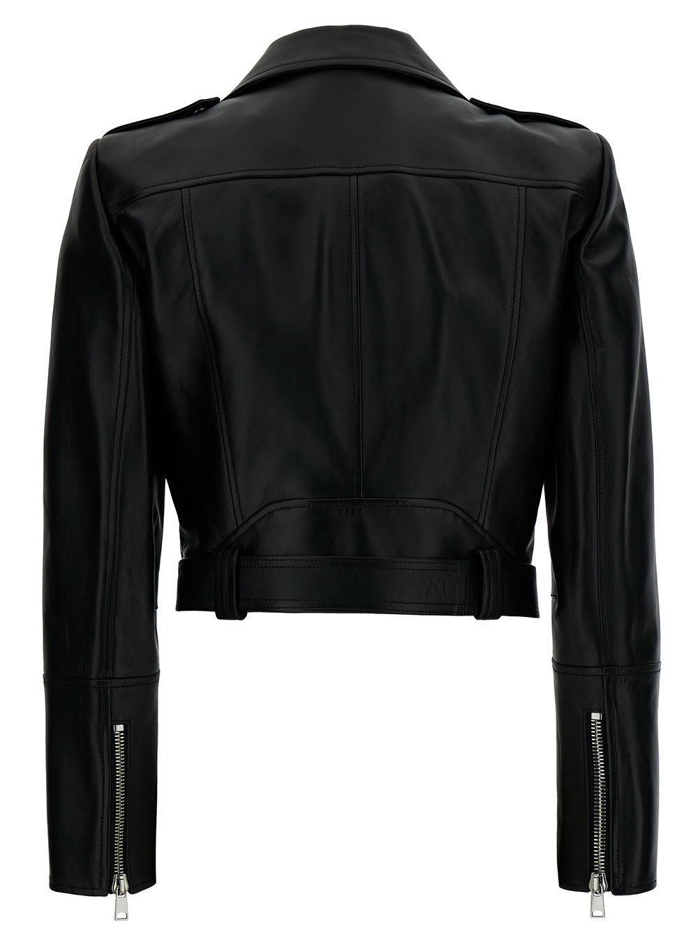 Shop Alexander Mcqueen Black Cropped Biker Jacker With Matching Belt In Smooth Leather Woman