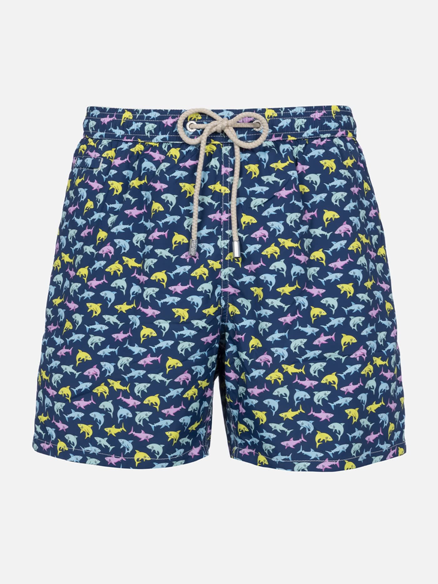MC2 SAINT BARTH MAN LIGHTWEIGHT FABRIC SWIM-SHORTS LIGHTING MICRO FANTASY WITH SHARK PRINT