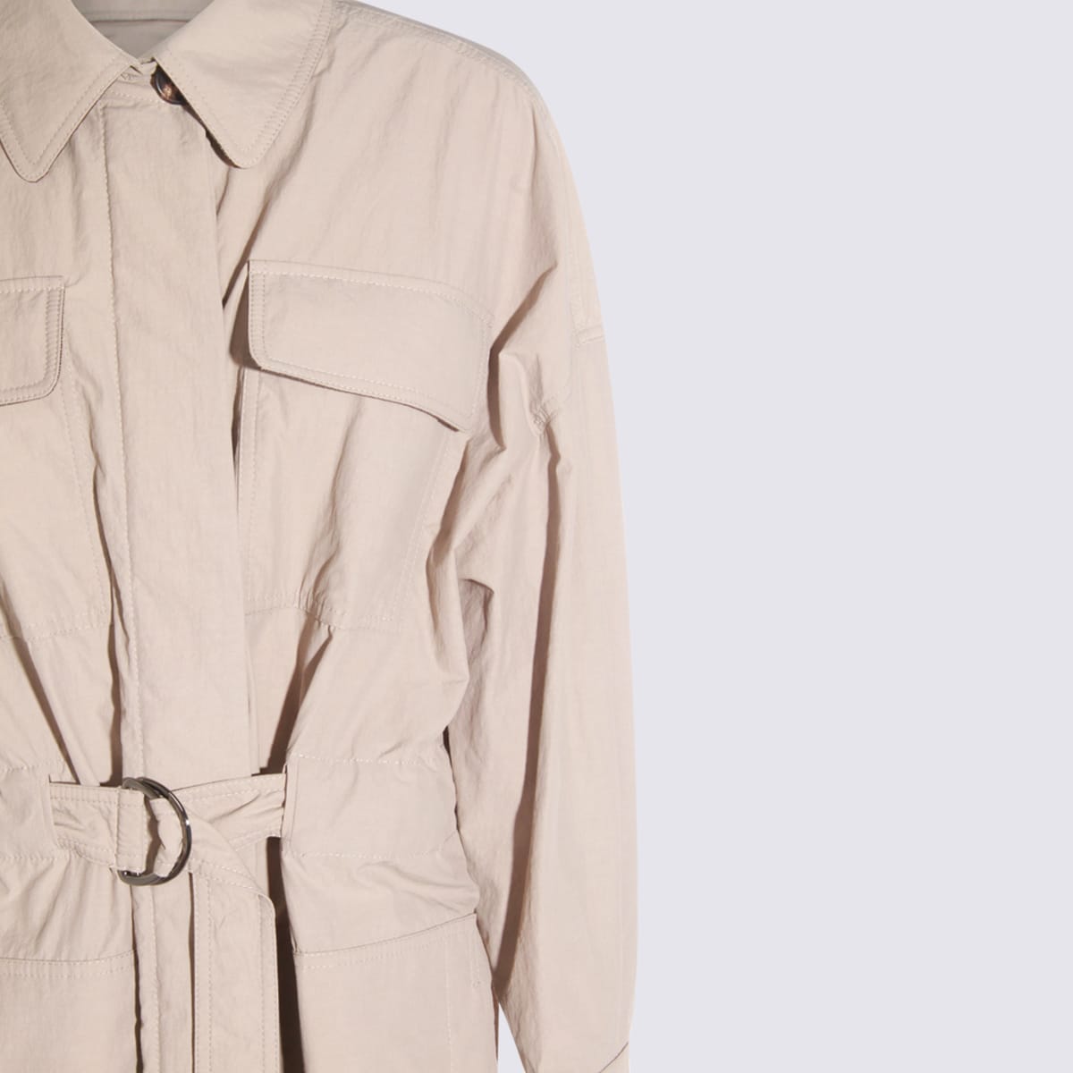 Brunello Cucinelli Long Jacket With Belted Waist And Pockets In Neutral
