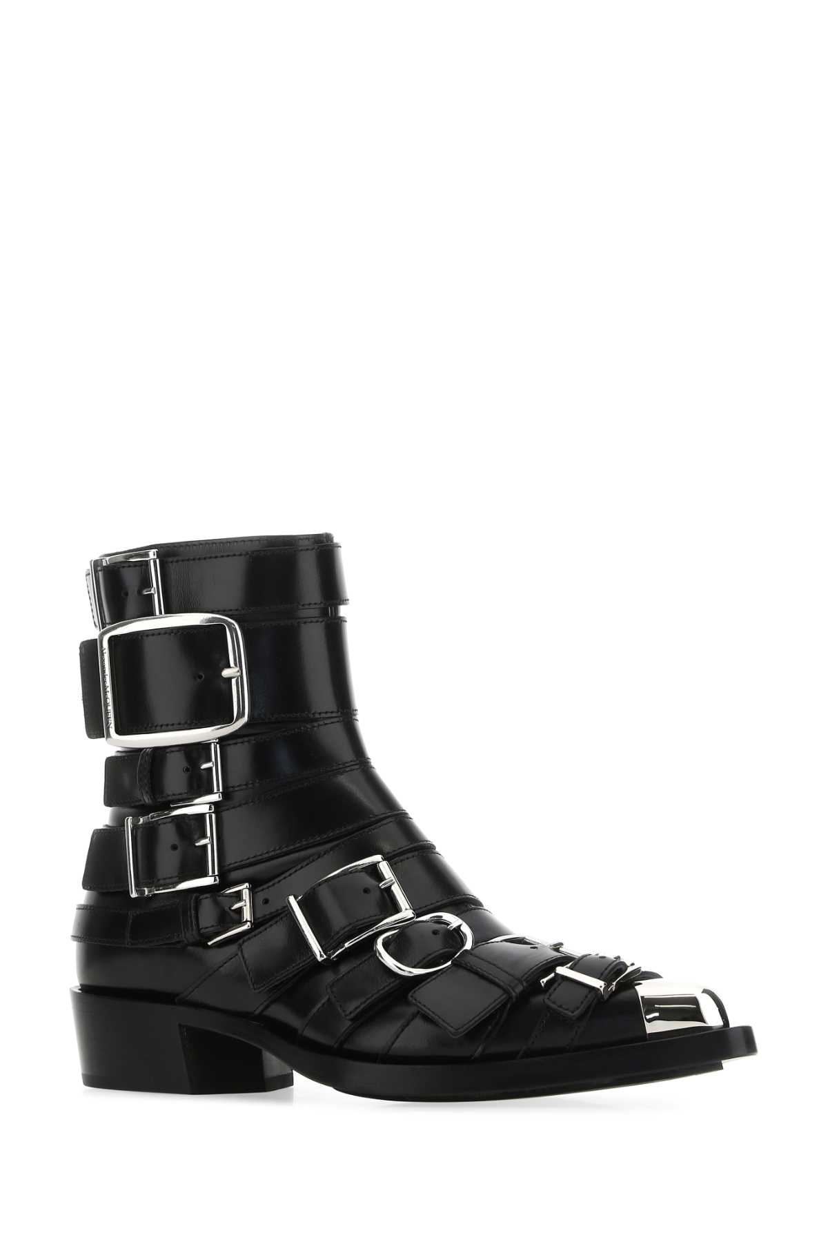 Alexander Mcqueen Black Leather Punk Ankle Boots In 1081