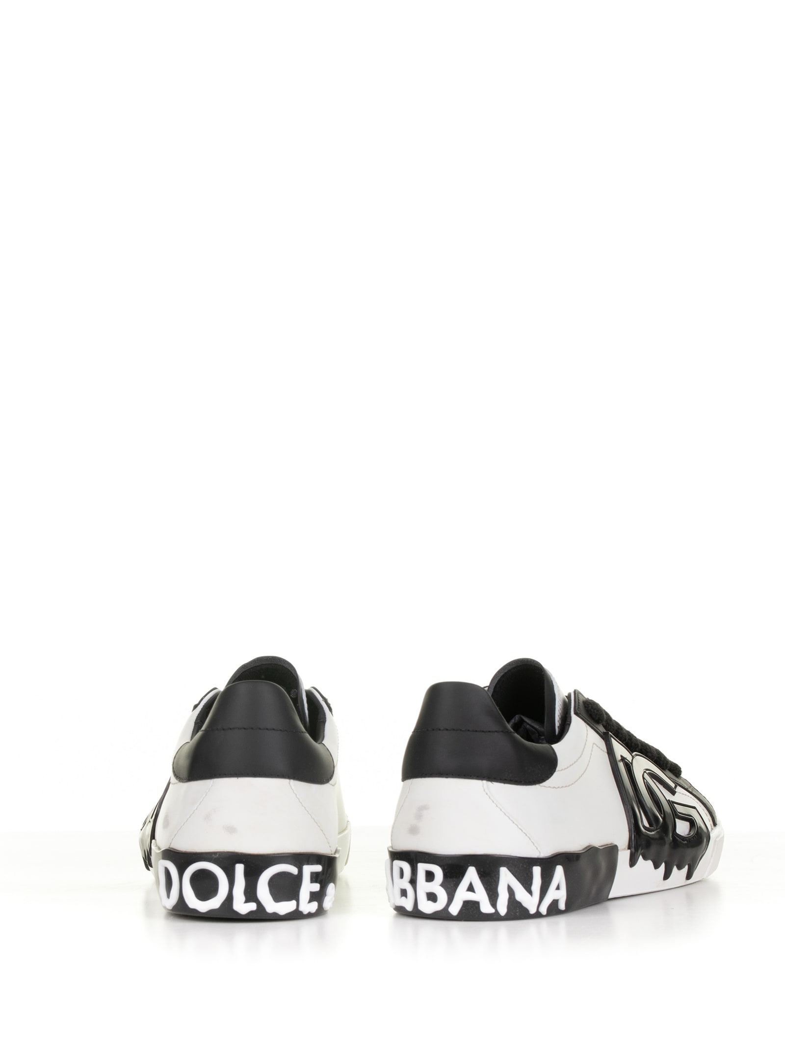 Shop Dolce & Gabbana Portofino Vintage Leather Sneaker In Bianco Nero