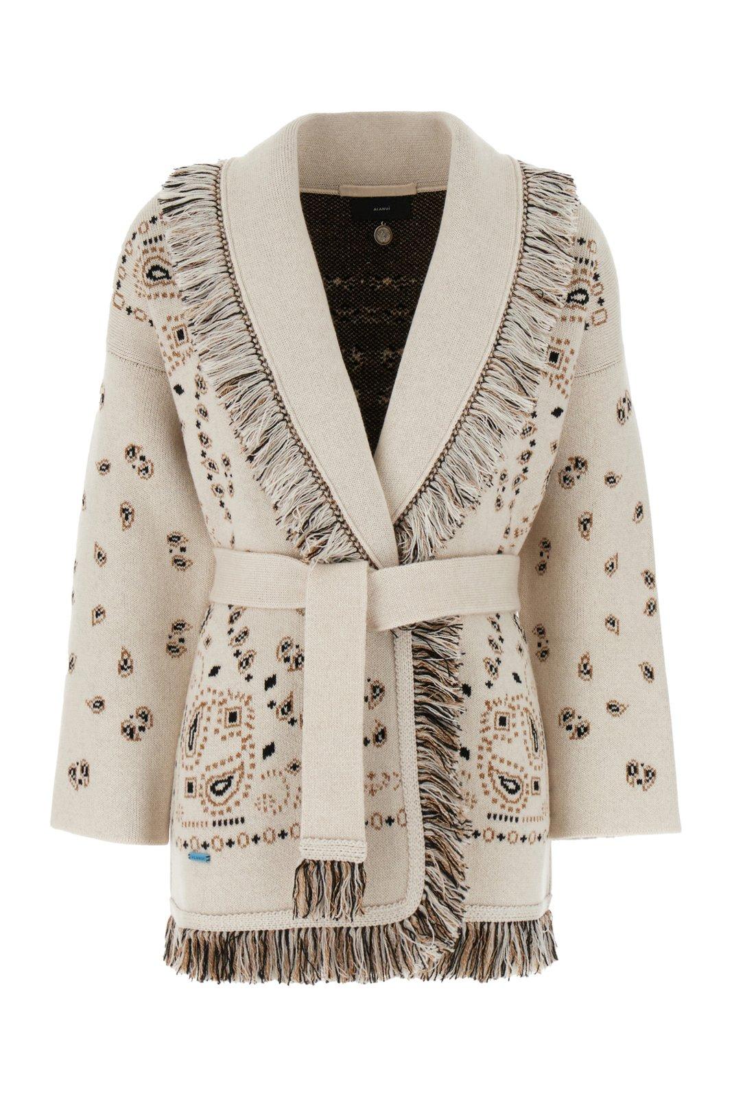 Shop Alanui Paisley-jacquard Belted Cardigan In Beige