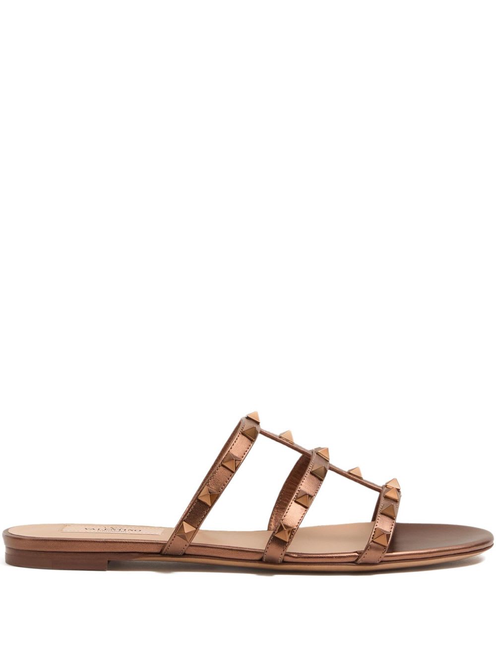 Valentino Rockstud Metallic City Flat Slide Sandals In Brown