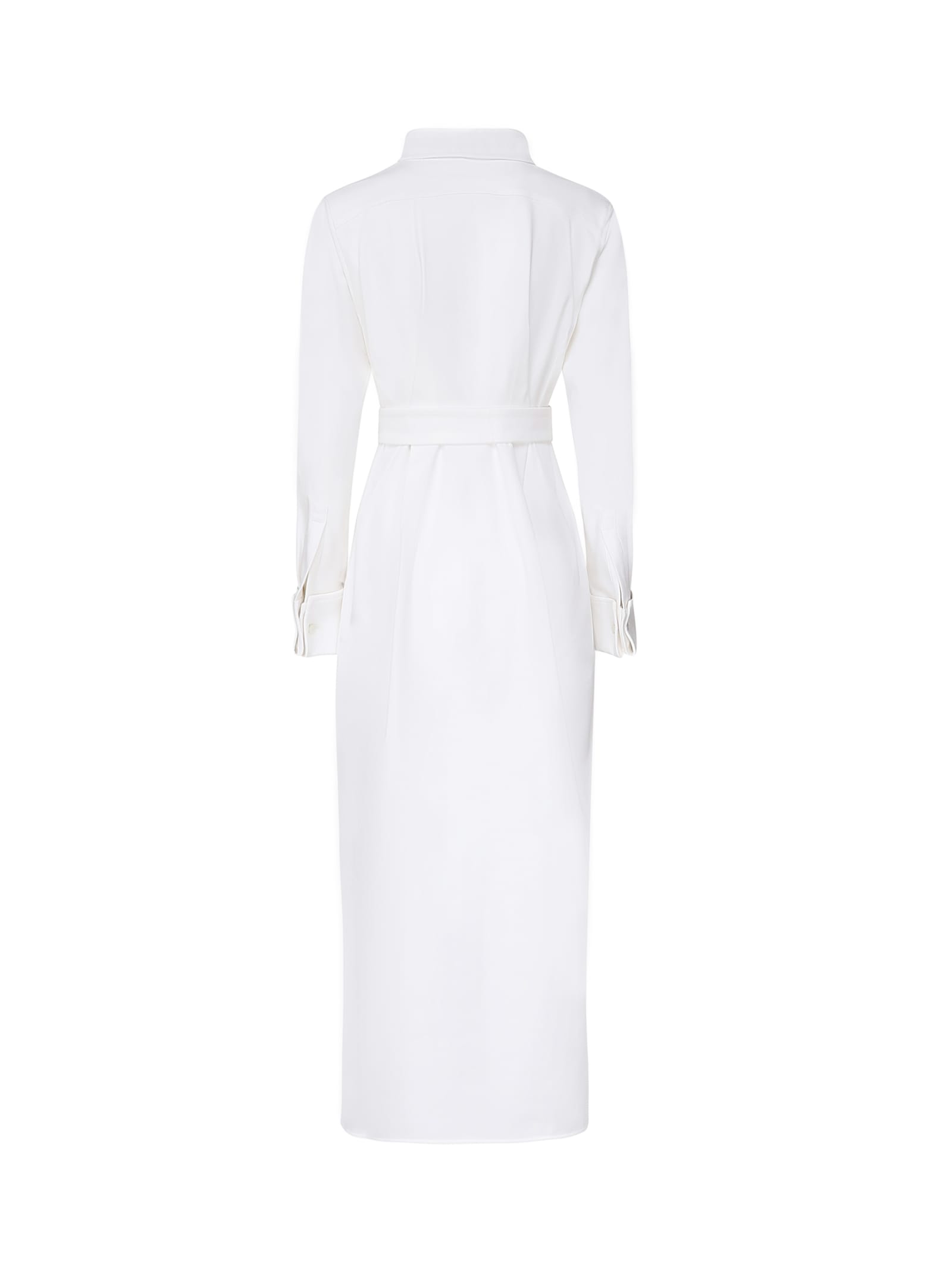 Max Mara White Maxi Dress With Classic Collar And Belted Waist In White