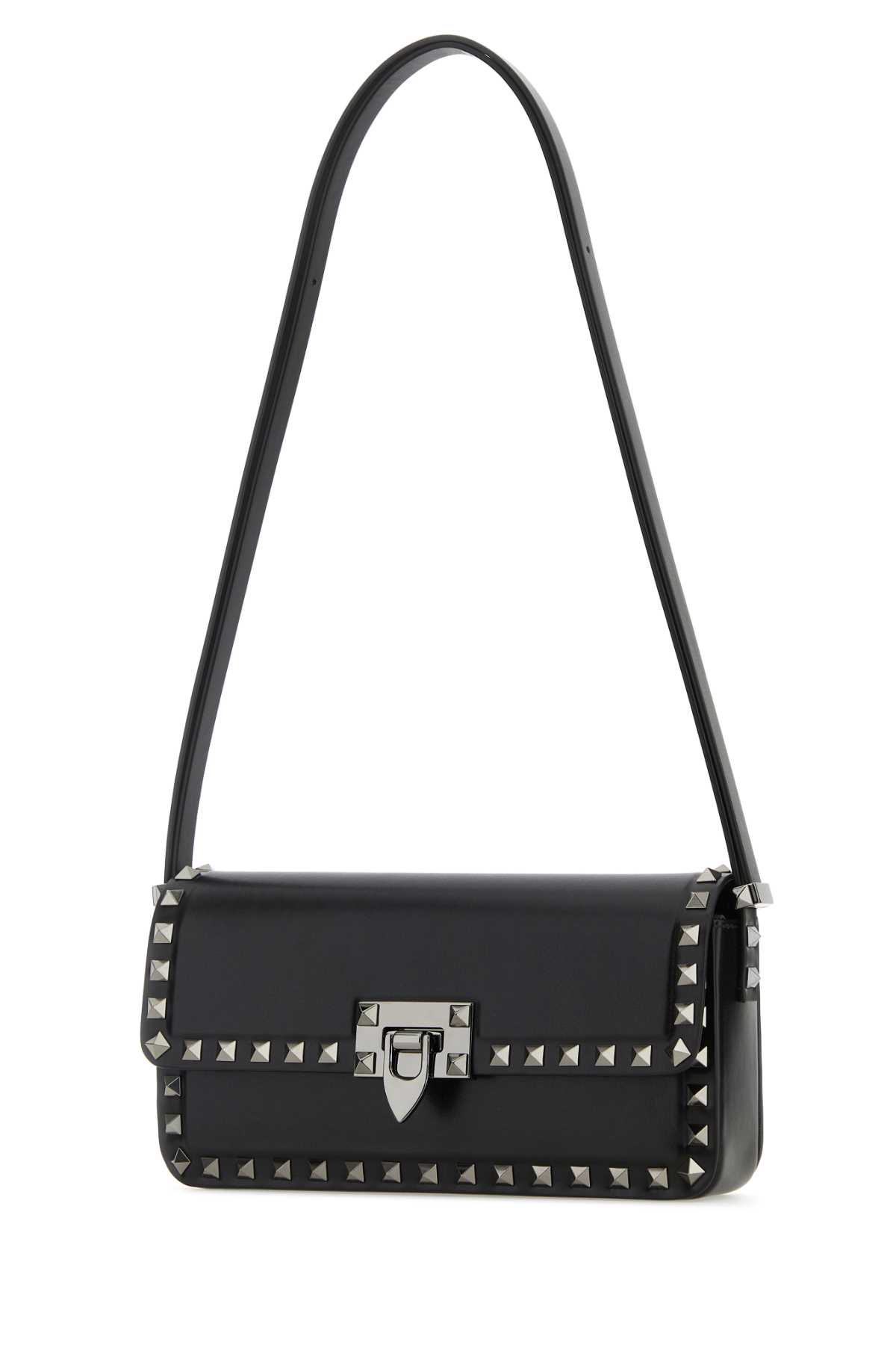 Shop Valentino Black Leather Rockstud Shoulder Bag In Nero