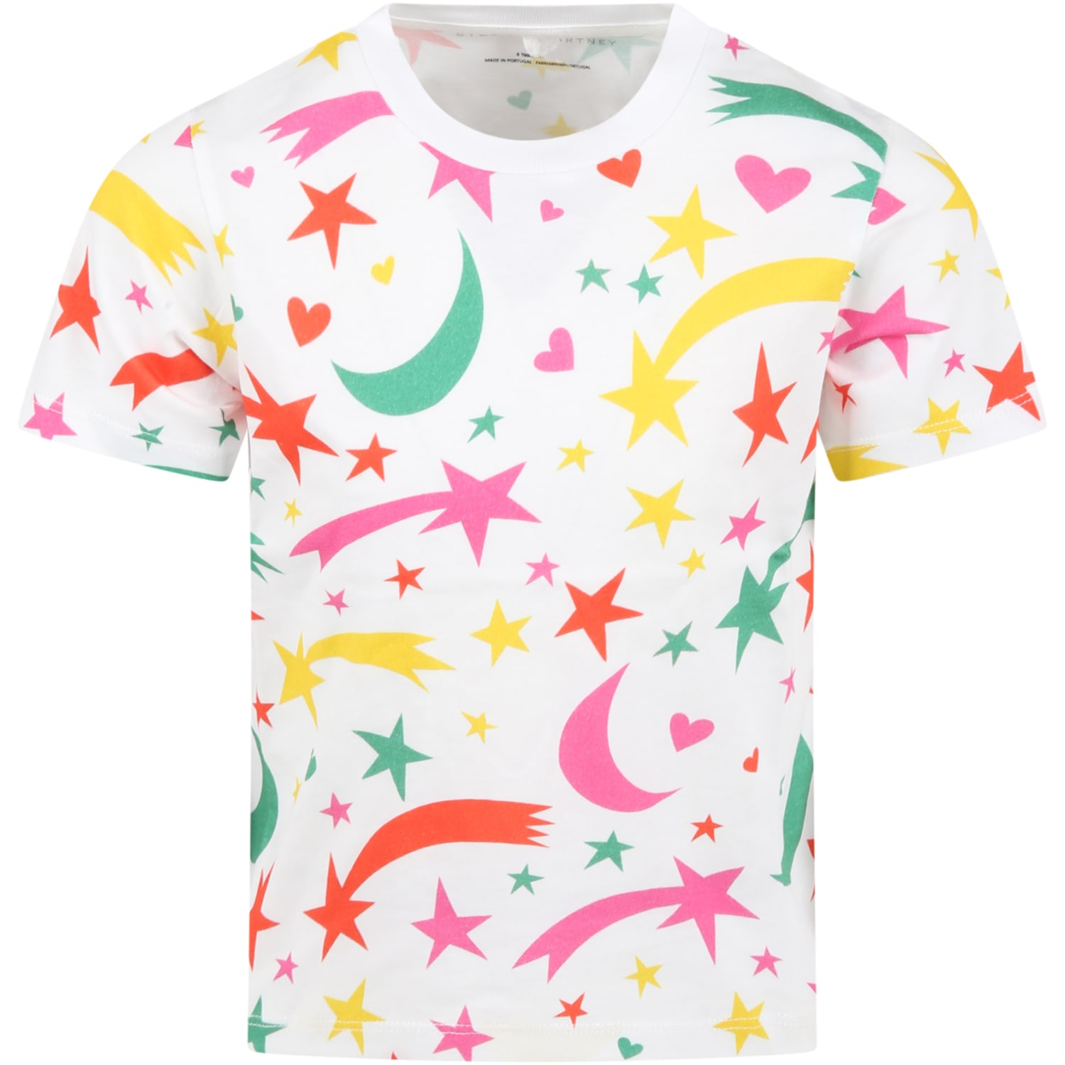 STELLA MCCARTNEY WHITE T-SHIRT FOR GIRL WITH COLORFUL STARS, MOONS AND HEARTS