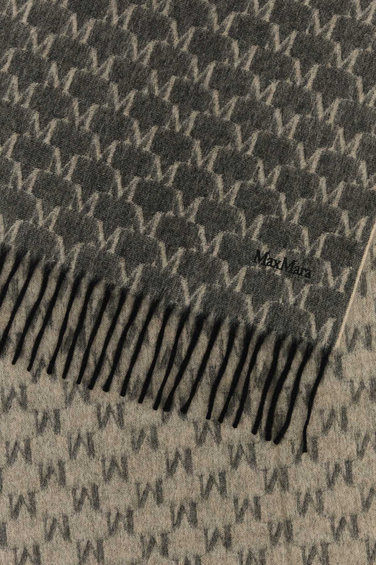 Max Mara Logo Scarf With Embroidered Design And Fringes In Gray
