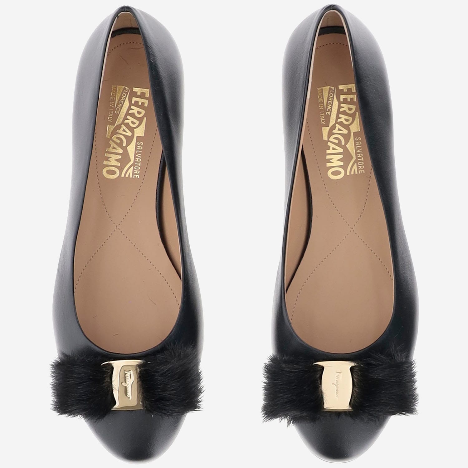 Ferragamo Vara Leather Fur-pompom Ballerina Shoes In Black