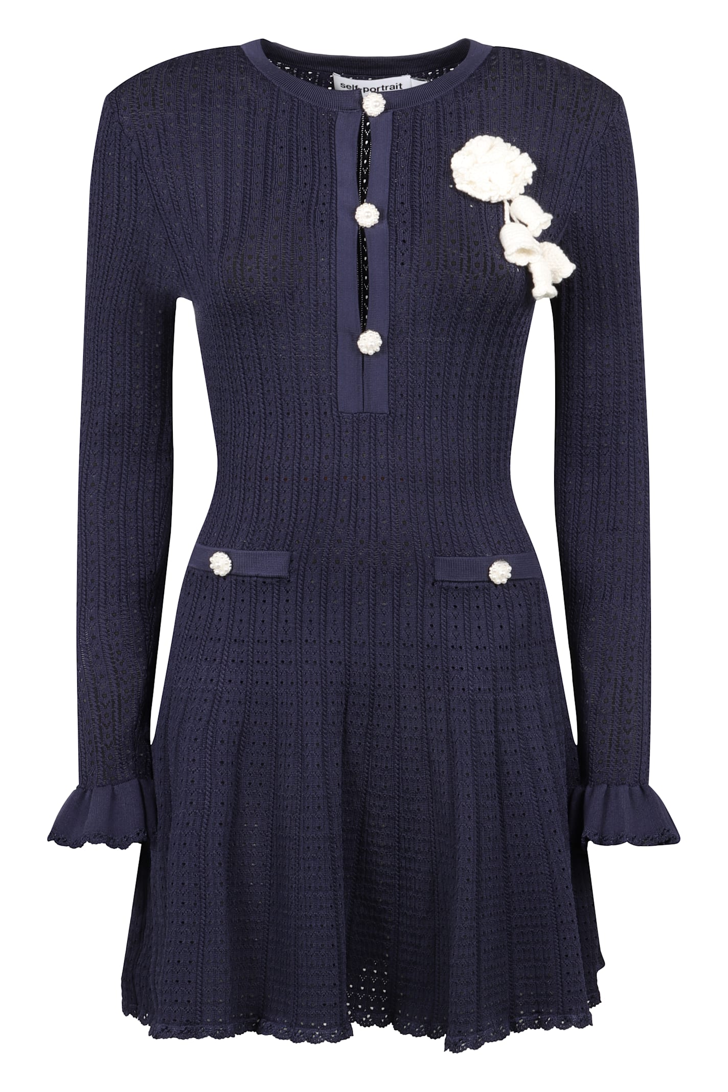 Self-portrait Abito Mini Navy Pointelle Knit Crochet Flower
