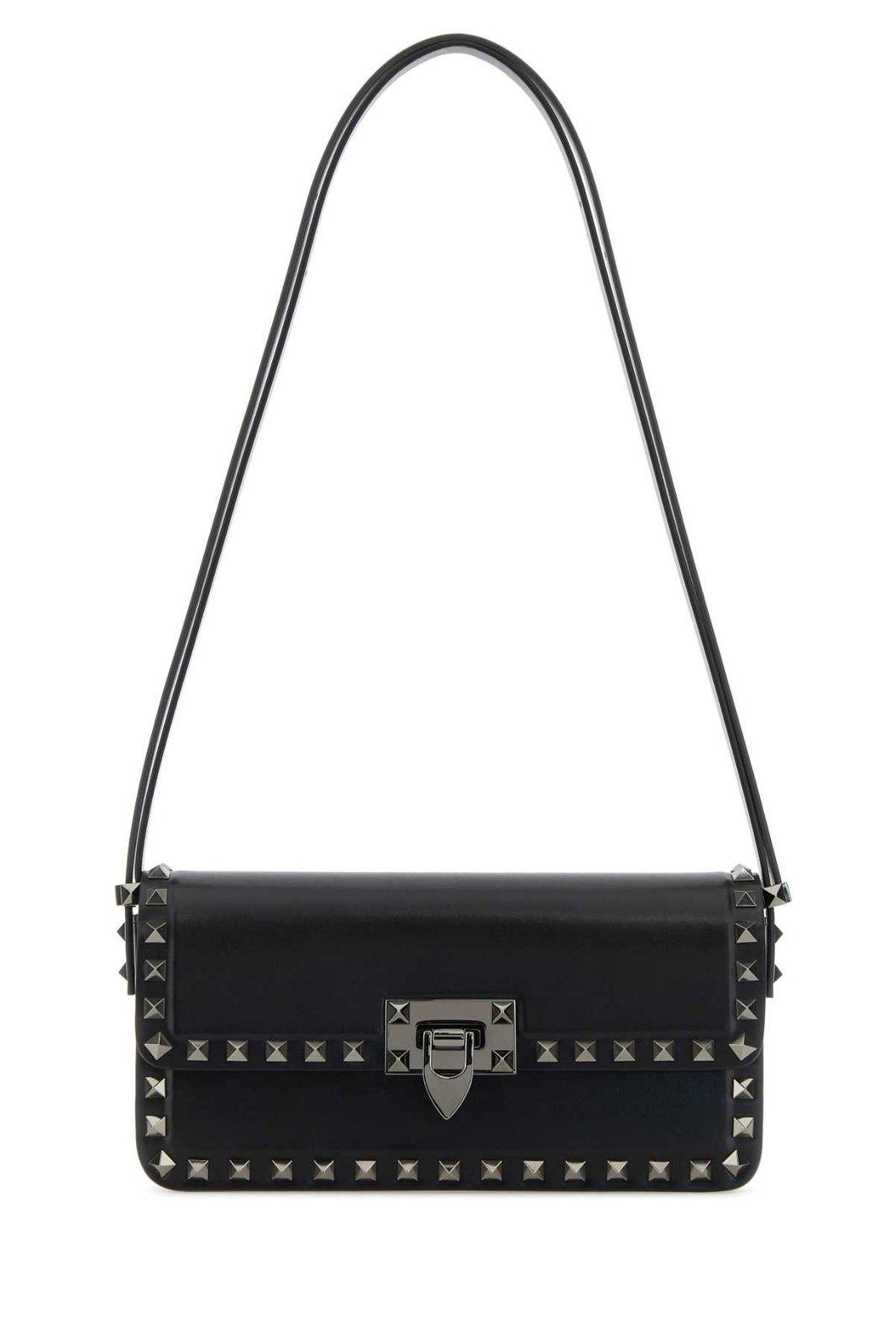 Shop Valentino Garavani Rockstud23 E/w Foldover Top Shoulder Bag In Black