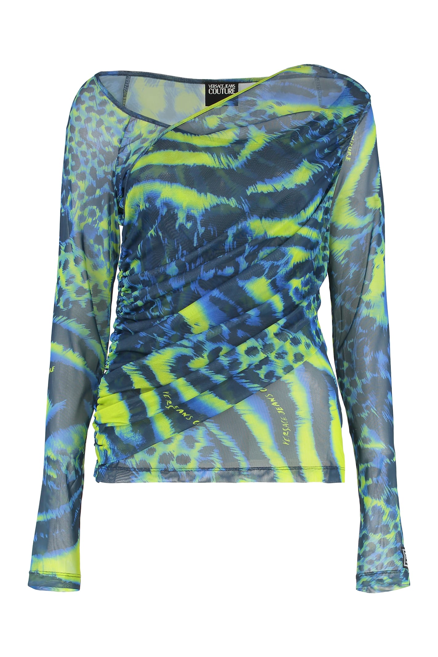 Versace Jeans Couture Draped Sheer Tulle Top In Blue