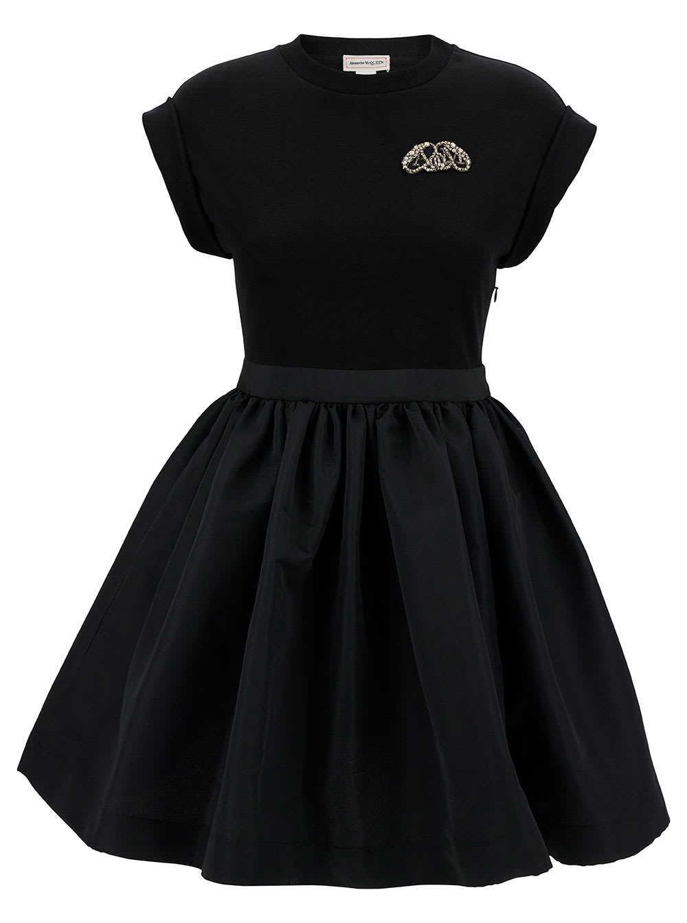 Shop Alexander Mcqueen Mini Black Dress With Flared Skirt And Embroidered Seal Logo In Cotton Woman