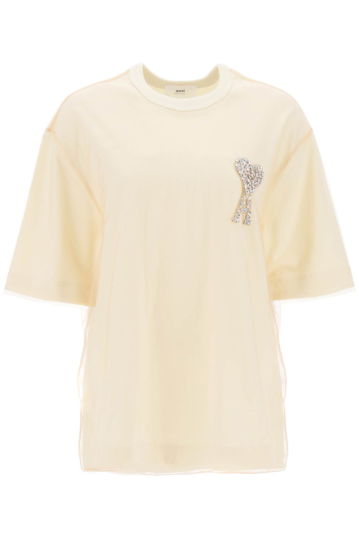 AMI ALEXANDRE MATTIUSSI JERSEY AND TULLE T-SHIRT WITH RHINESTONE-STUDDED LOGO