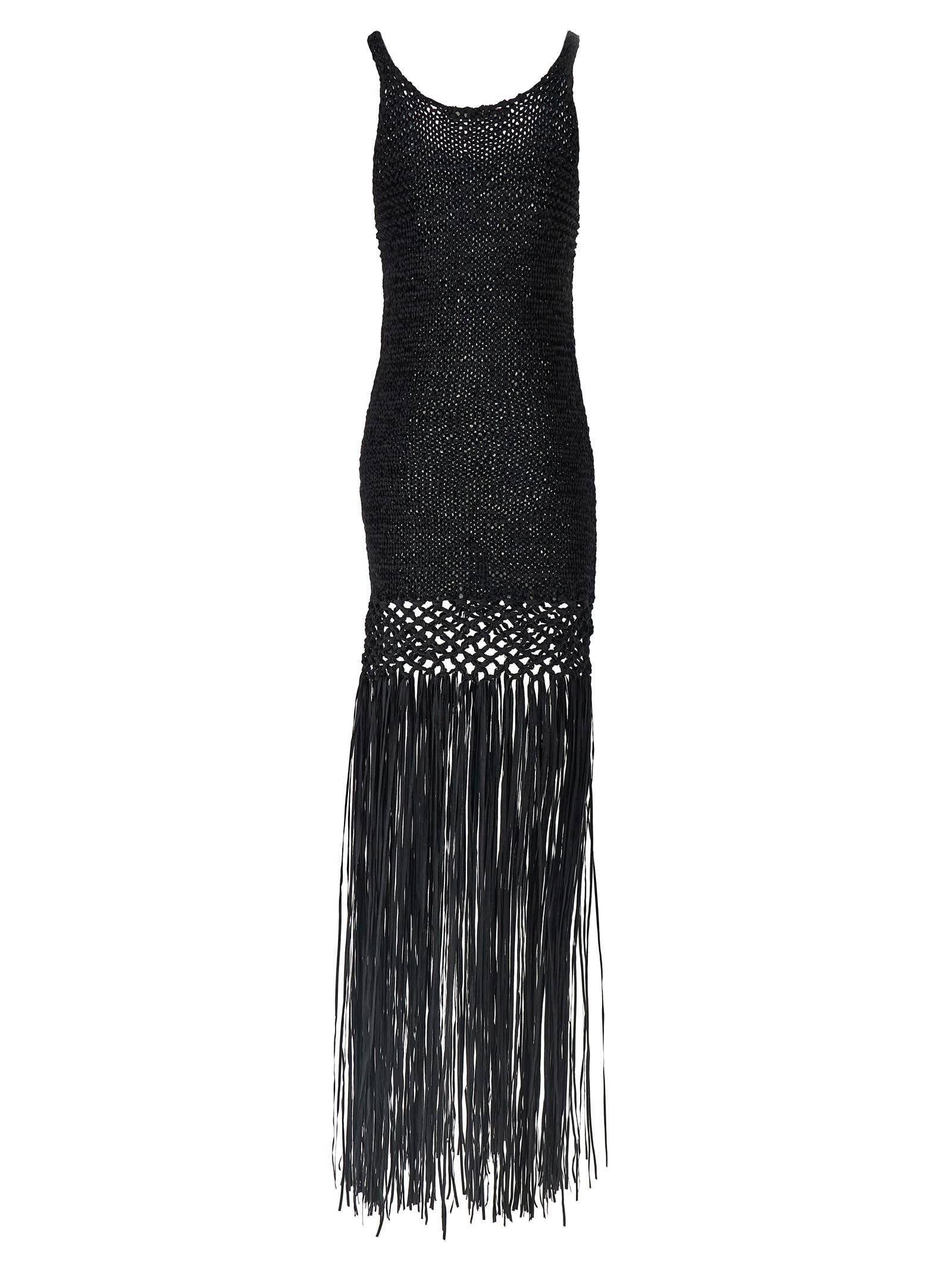 Philosophy Di Lorenzo Serafini Black Long Dress With U-neck And Long Fringes Applied To The Edges In Fabric Woman