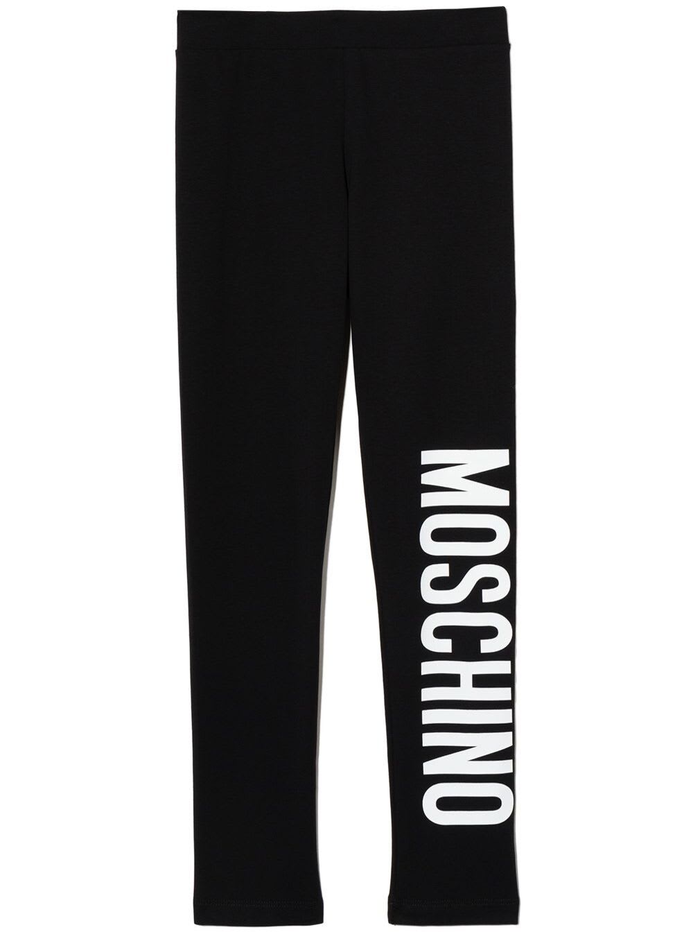 Moschino Kids Girls Black Cotton Leggings With Logo Print