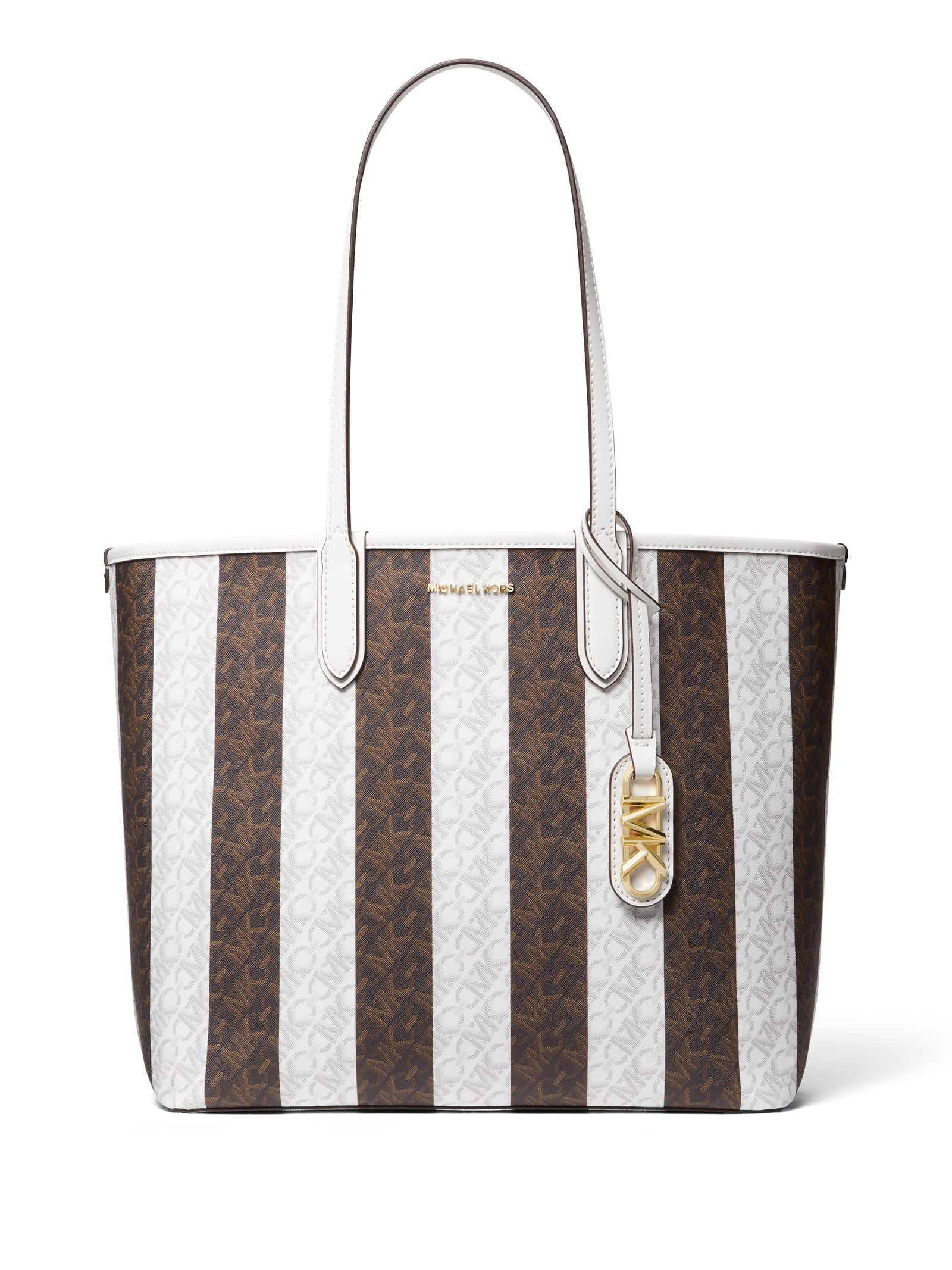 Shop Michael Kors Striped Shopping Bag With Logo In Brown Multi
