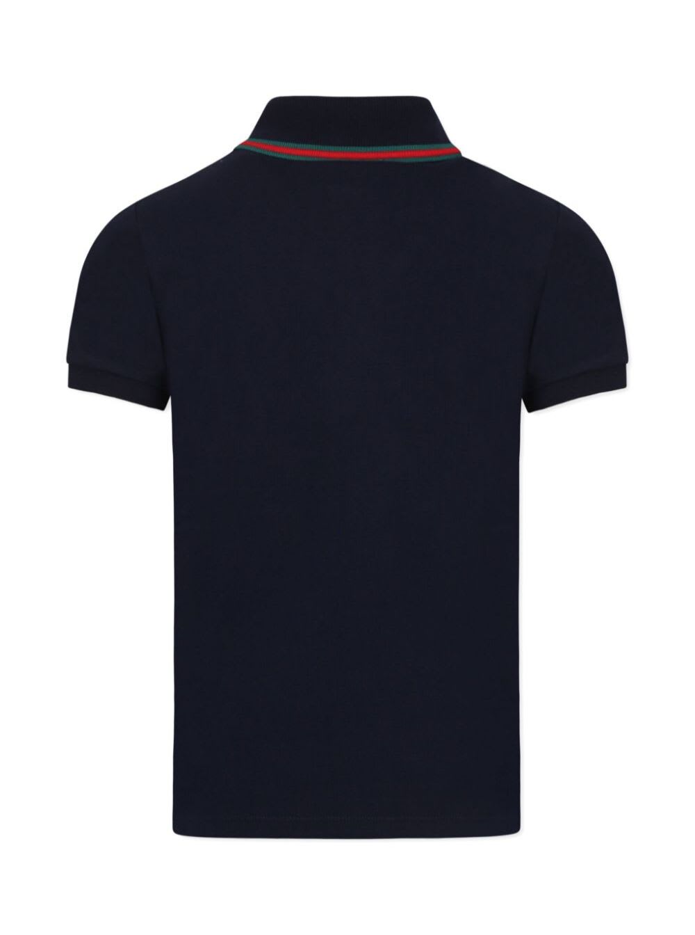 Gucci Blue Polo Shier With Classic Collar With Web Motif In Cotton Boy In Black