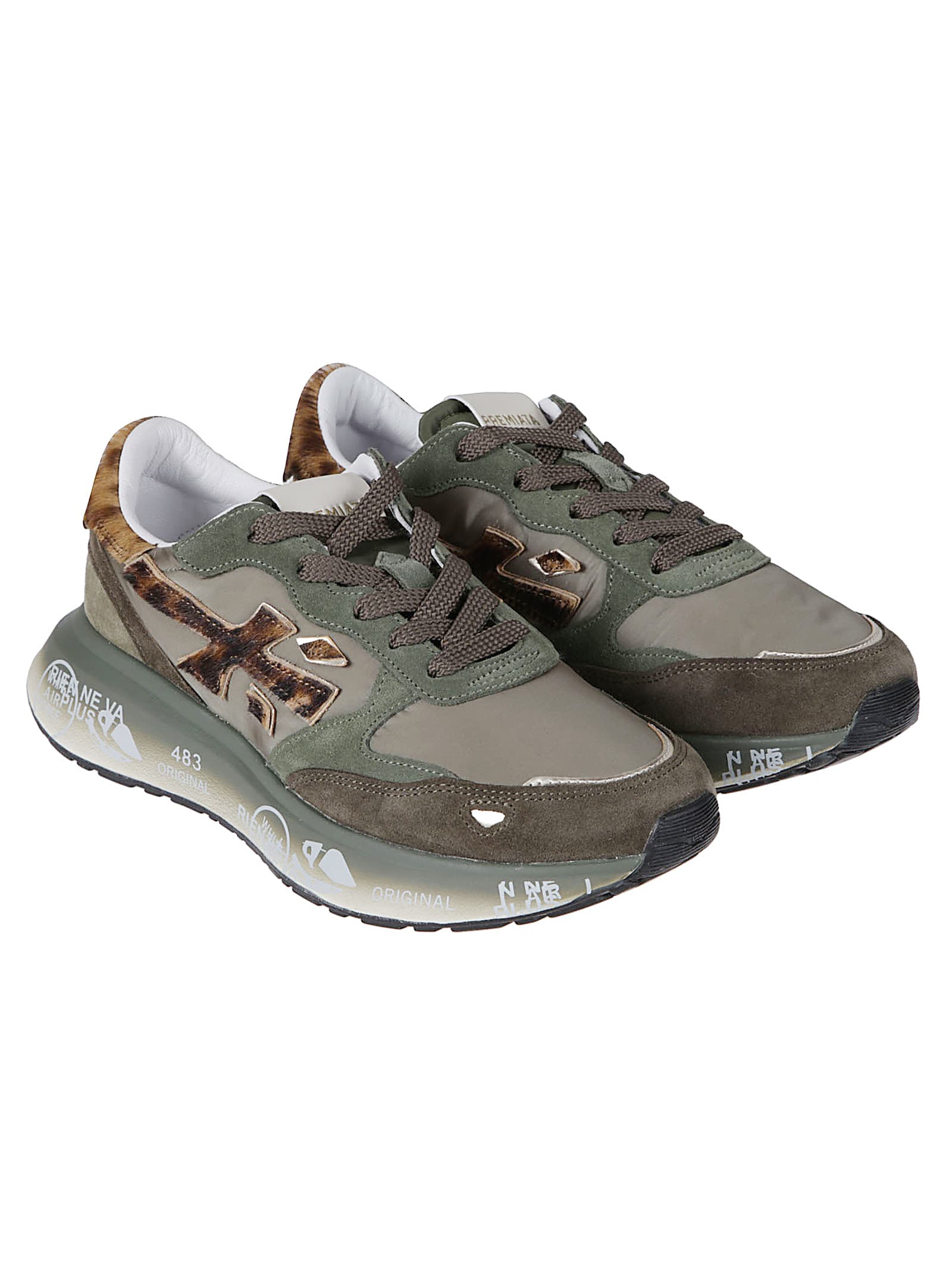 Premiata Green Technical Fabric And Suede Sneakers With Leopard-print Details In Multi