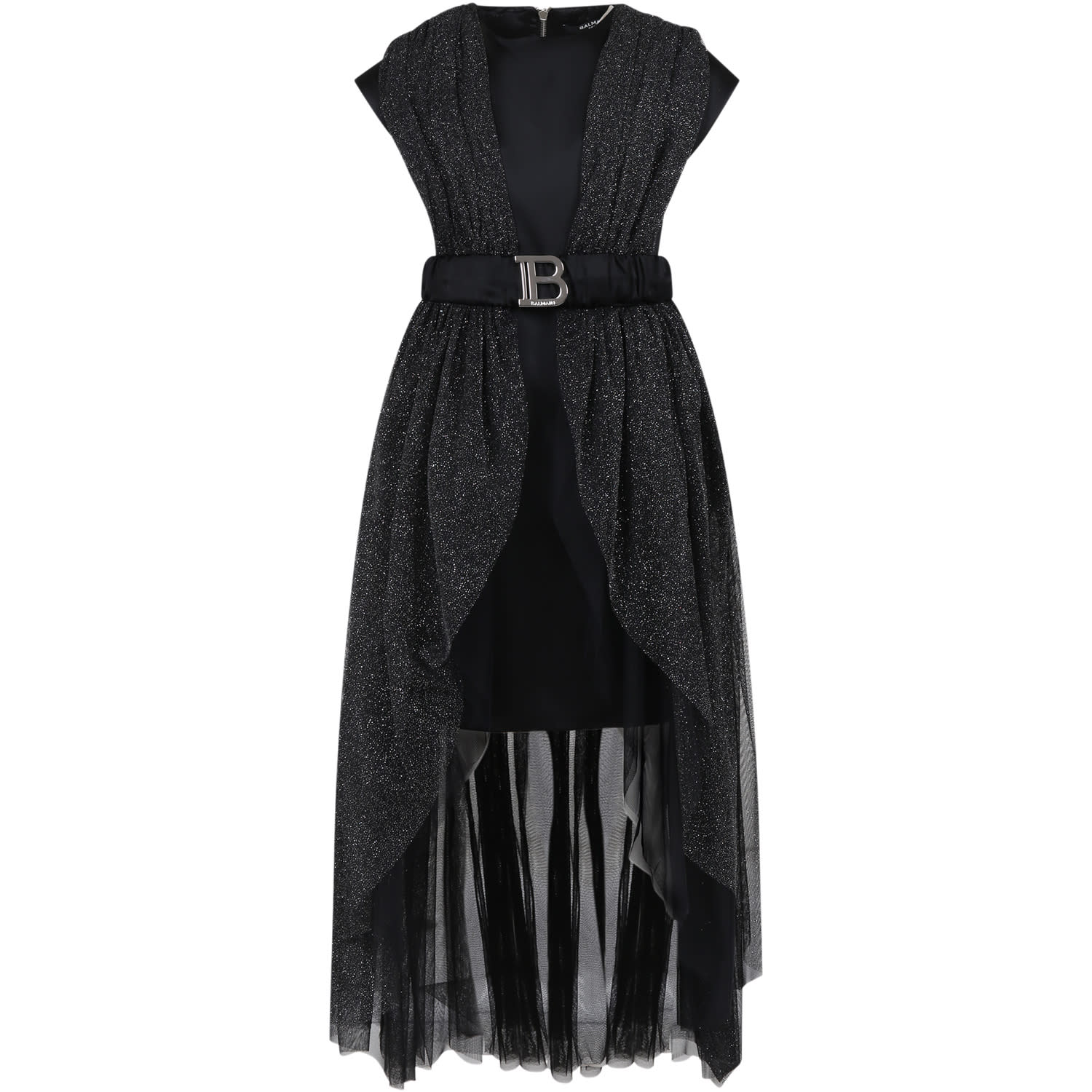 Shop Balmain Black Elegant Dress For Girl With Lurex Effect