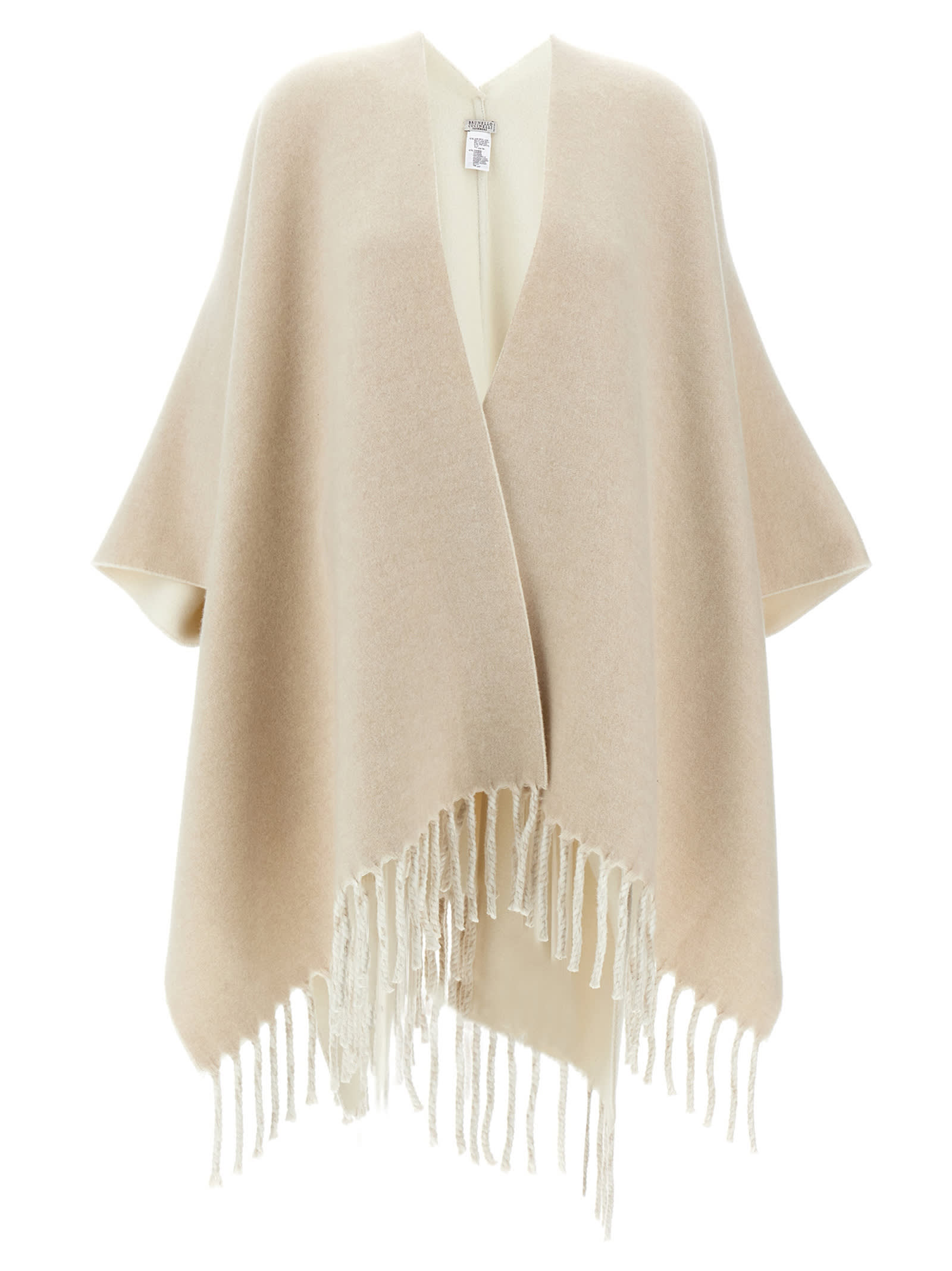 Shop Brunello Cucinelli Fringed Poncho In Beige