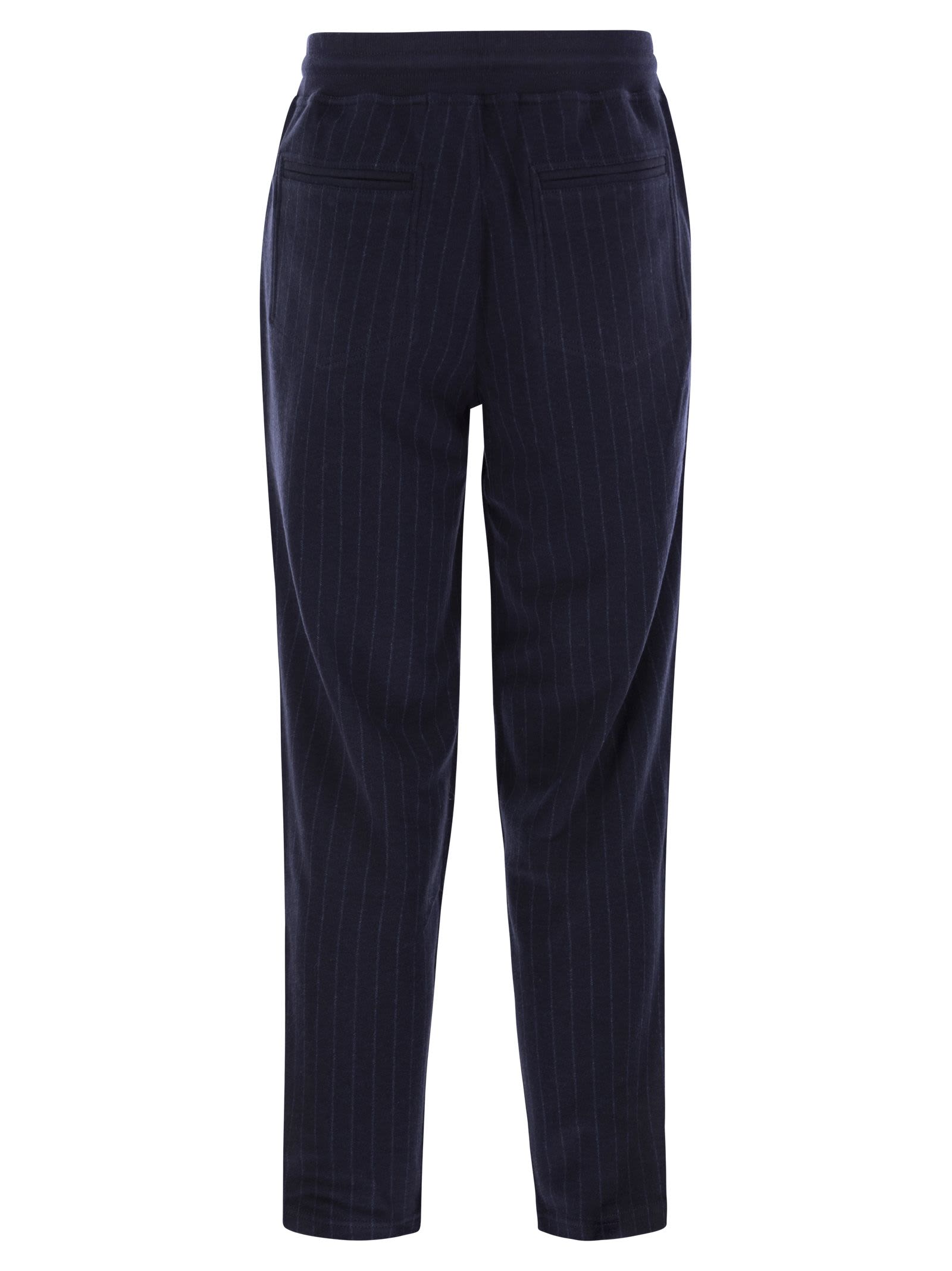 Shop Brunello Cucinelli Double Pinstripe Fleece Trousers In Cotton, Cashmere And Silk In Marine Blue