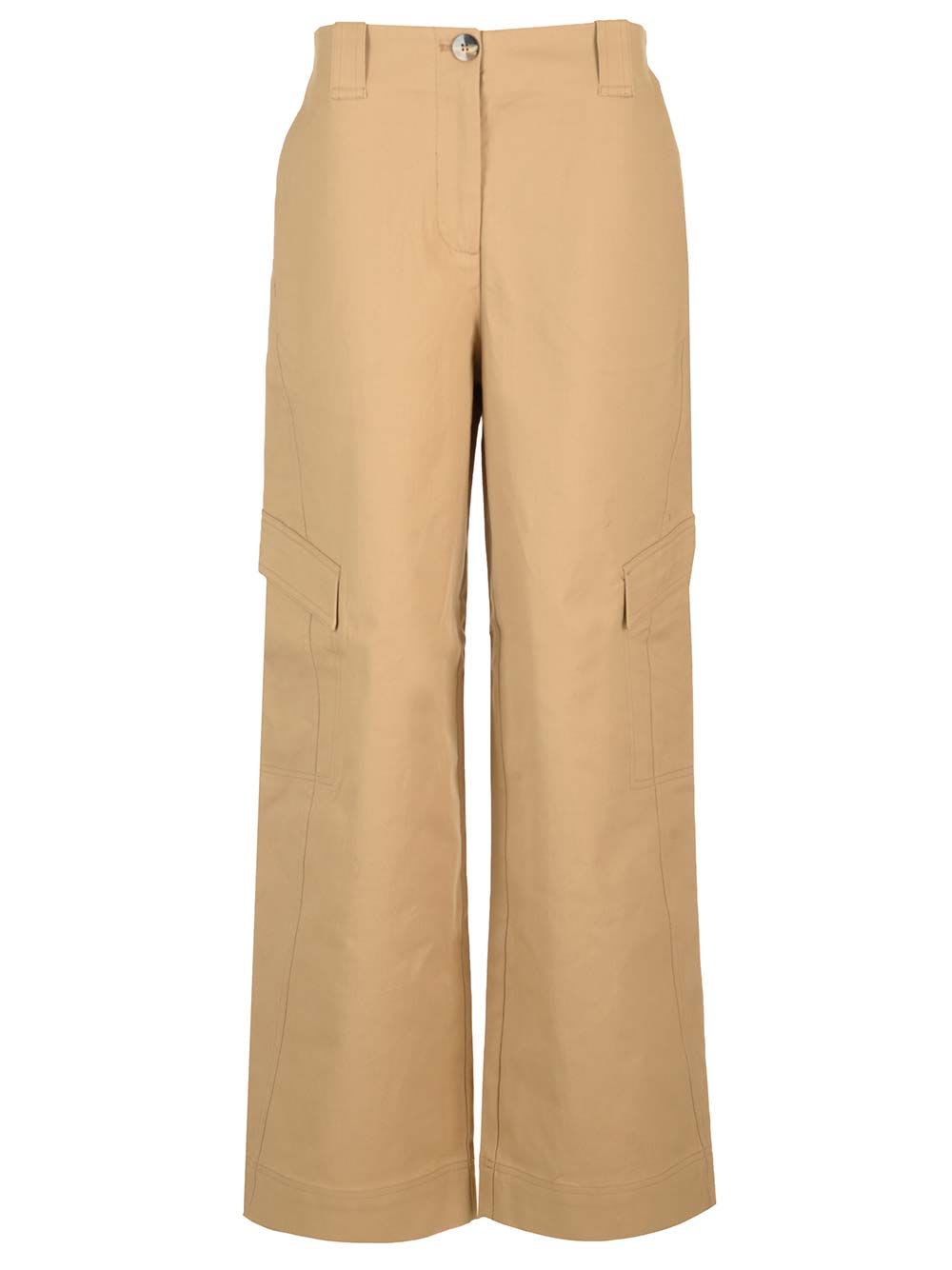 Shop Ganni Cotton Canvas Cargo Trousers In Beige