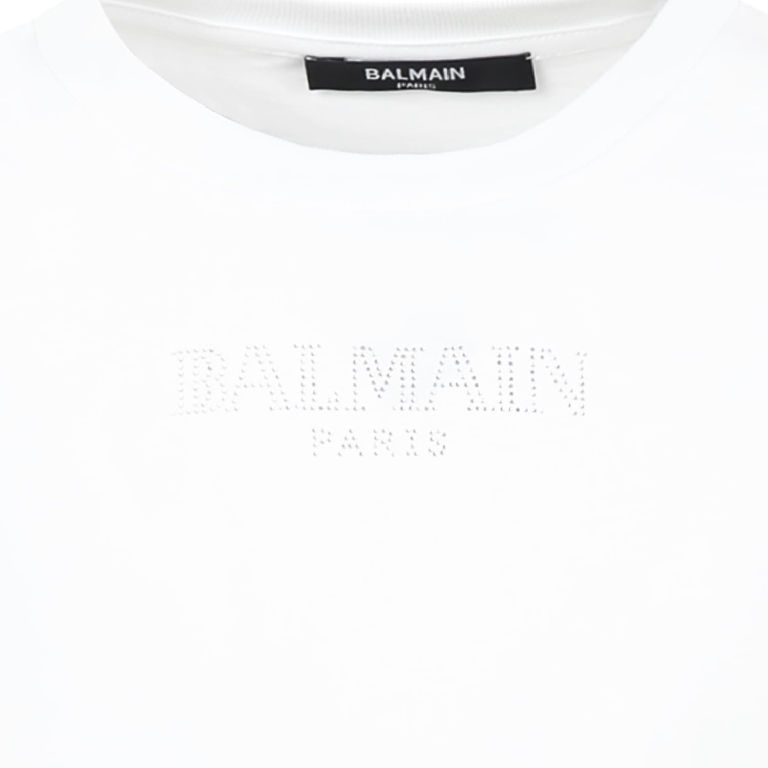 BALMAIN WHITE T-SHIRT FOR GIRL WITH A SILVER RHINESTONE LOGO 