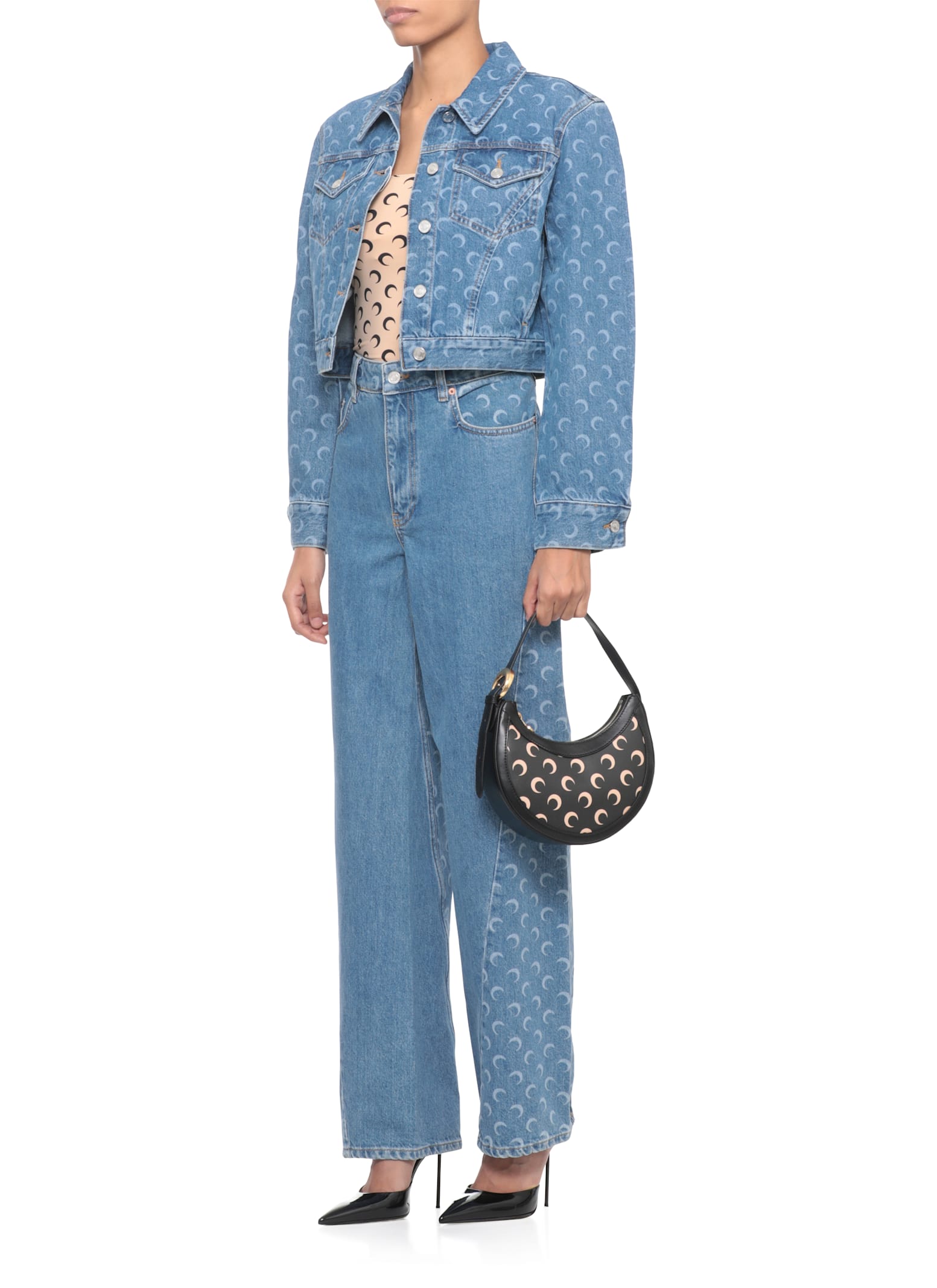 Marine Serre Moon Printed Jersey Ls Squareneck Top In Pink