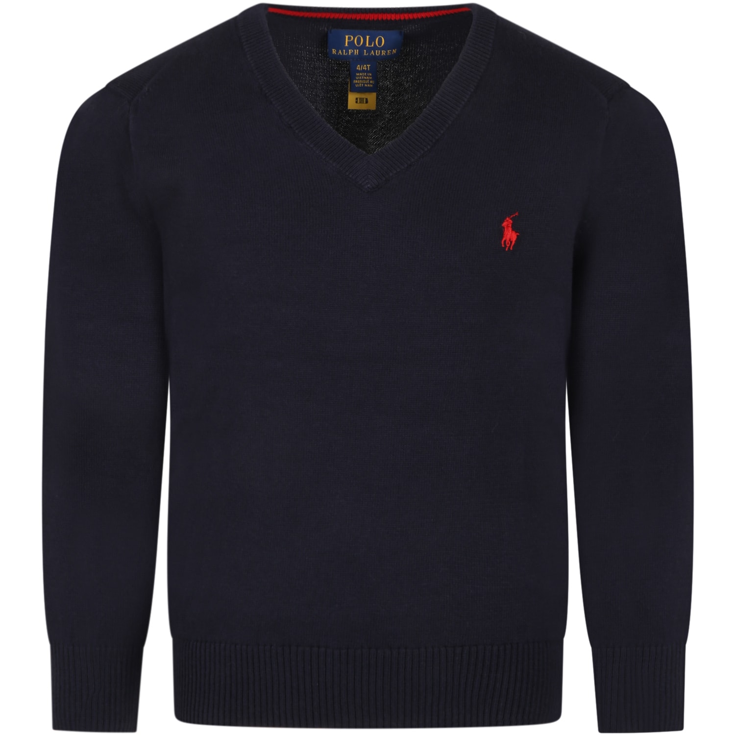 Ralph Lauren Blue Sweater For Boy With V Neck And Red Pony