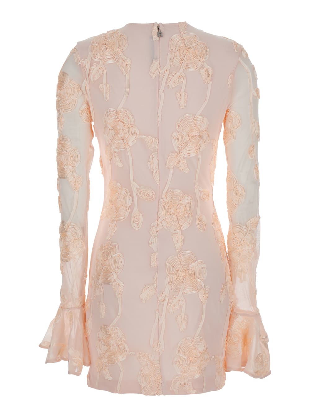 ROTATE BIRGER CHRISTENSEN PINK MINI DRESS WITH FLARED SLEEVES AND ALL-OVER FLORAL EMBROIDERY IN TECH FABRIC STRETCH WOMAN