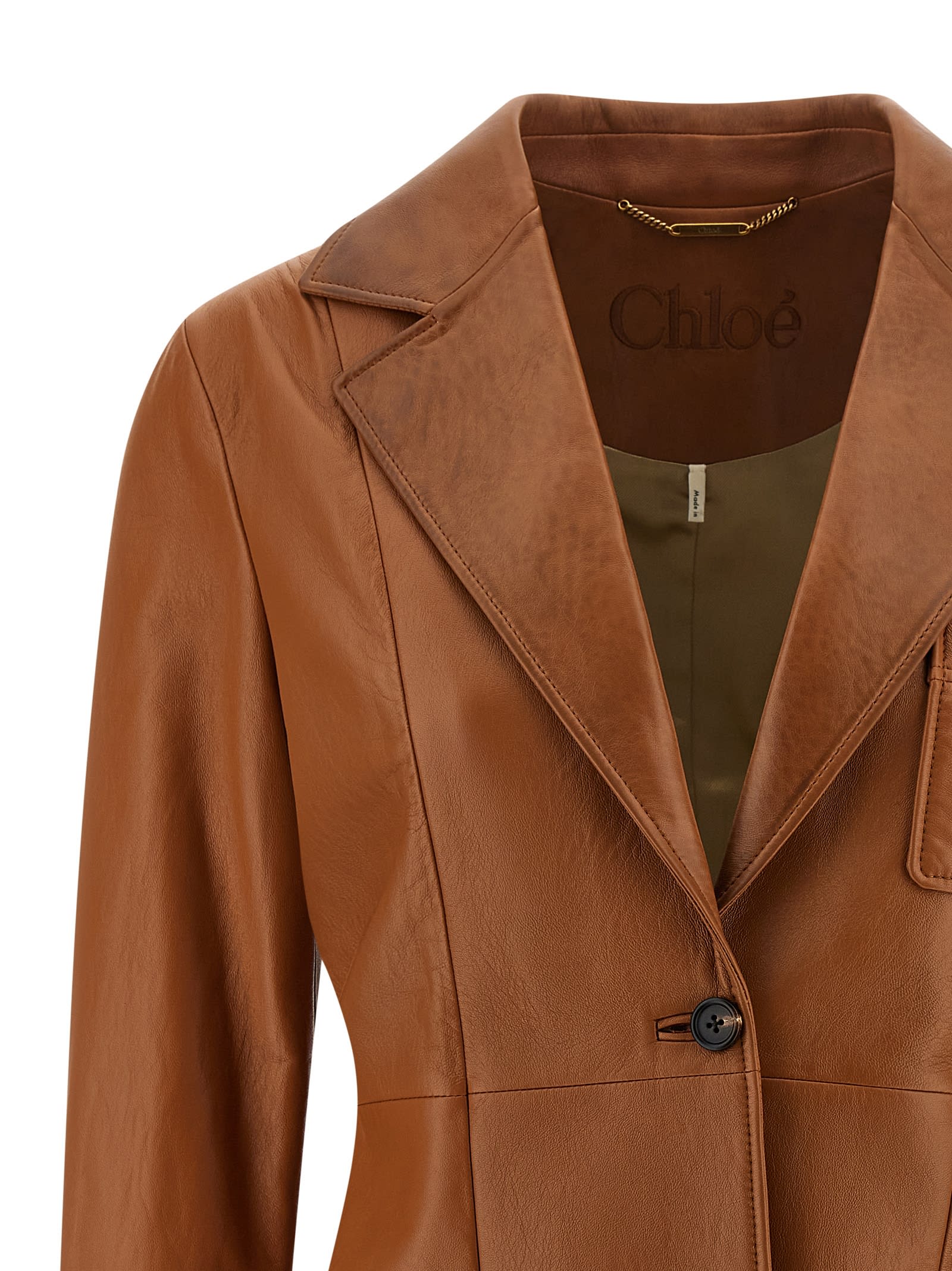 Chloé Structured Leather Blazer Notched Lapel In Brown