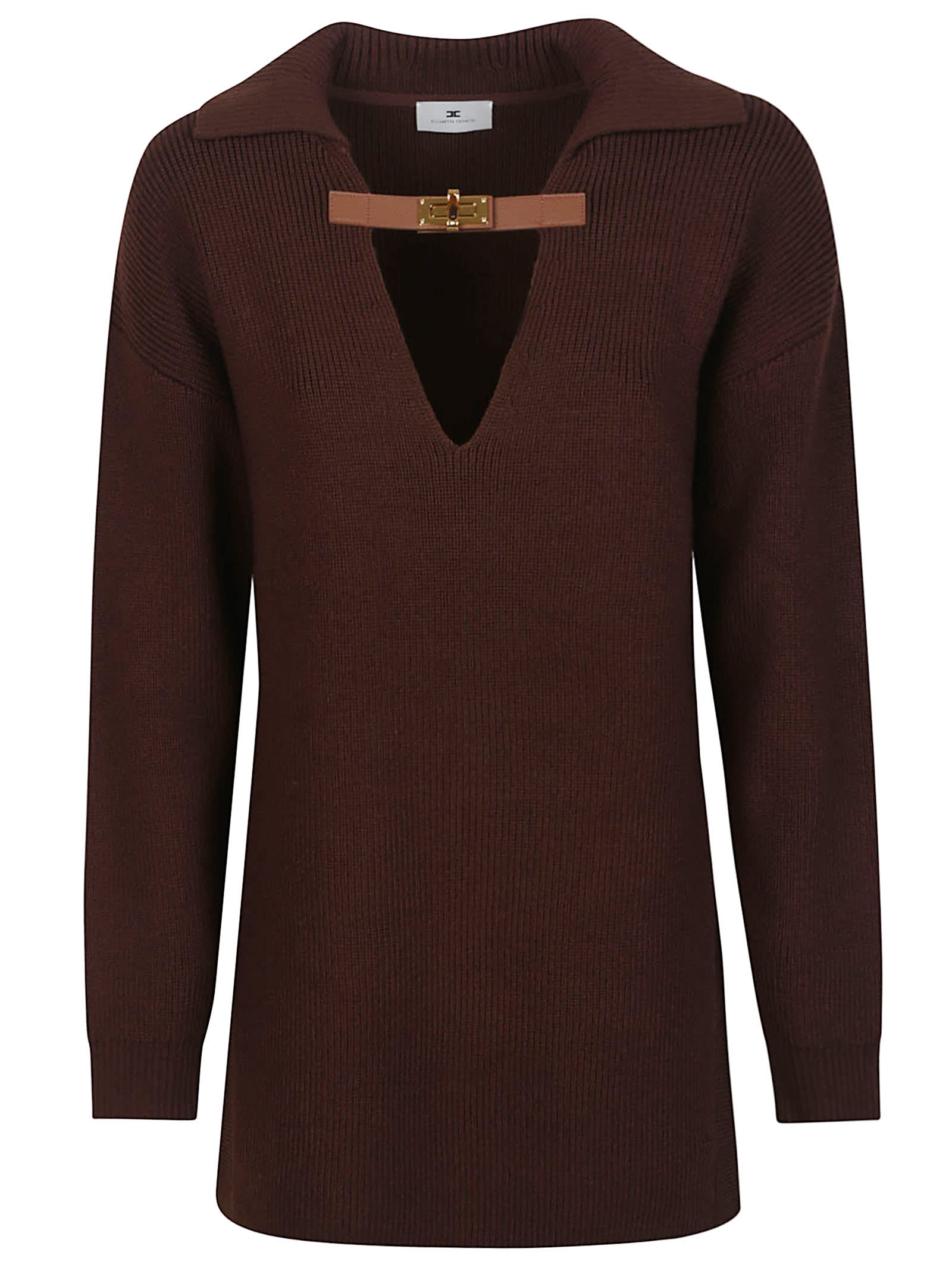 Elisabetta Franchi Knitwear Collared Design Long Sleeves Ribbed Texture V-neckline In Brown