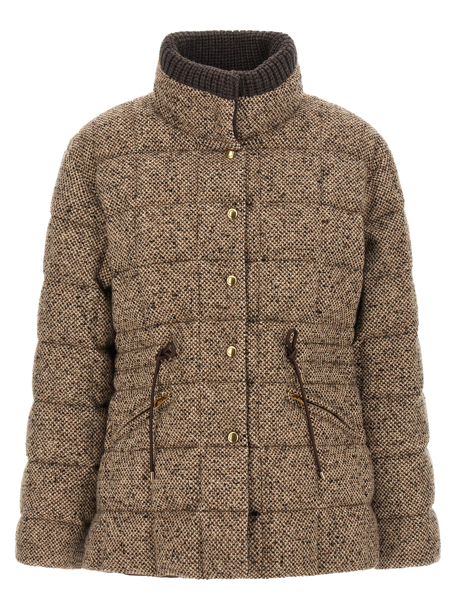 Moncler Antigony Wool Blend Short Down Jacket In Brown