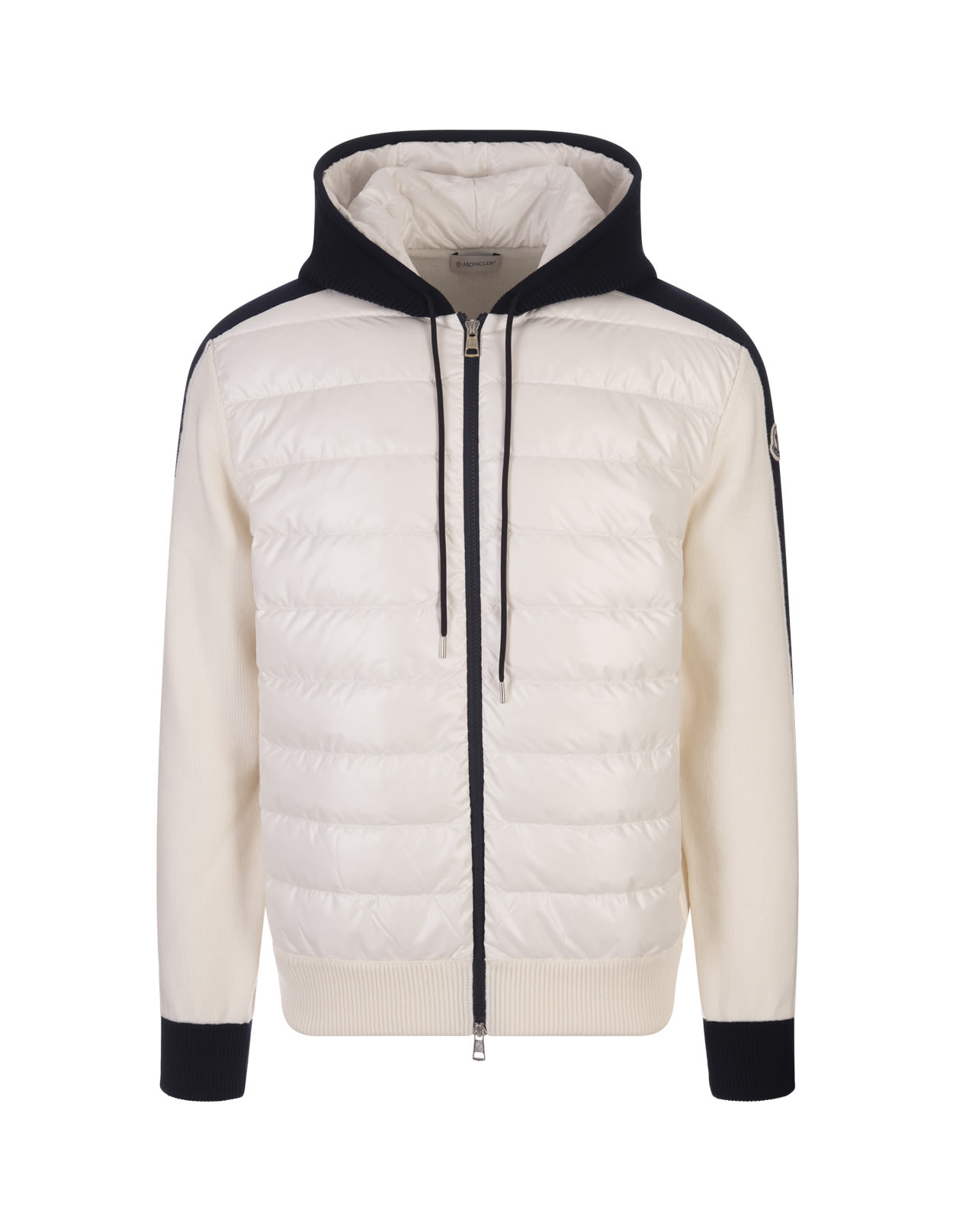 Shop Moncler Padded Tricot Cardigan With Hood In White And Navy Blue