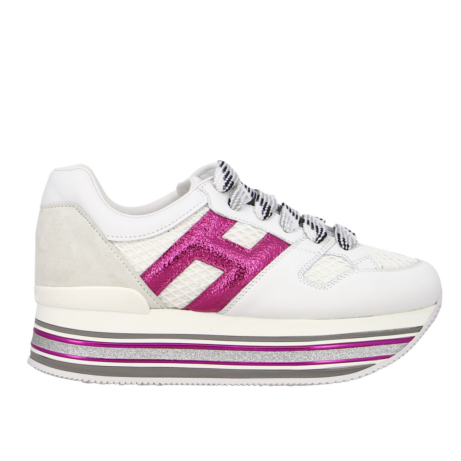 Hogan 516 Maxi Platform Sneakers In Leather And Mesh With Big H Laminate And Glitter Piping In White