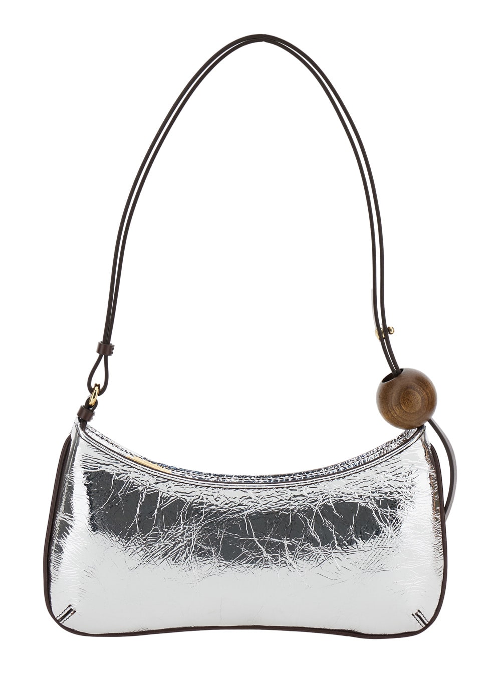 Shop Jacquemus Le Bisou Perle Silver Shoulder Bag With Logo Detail In Laminated Leather Woman In Metallic