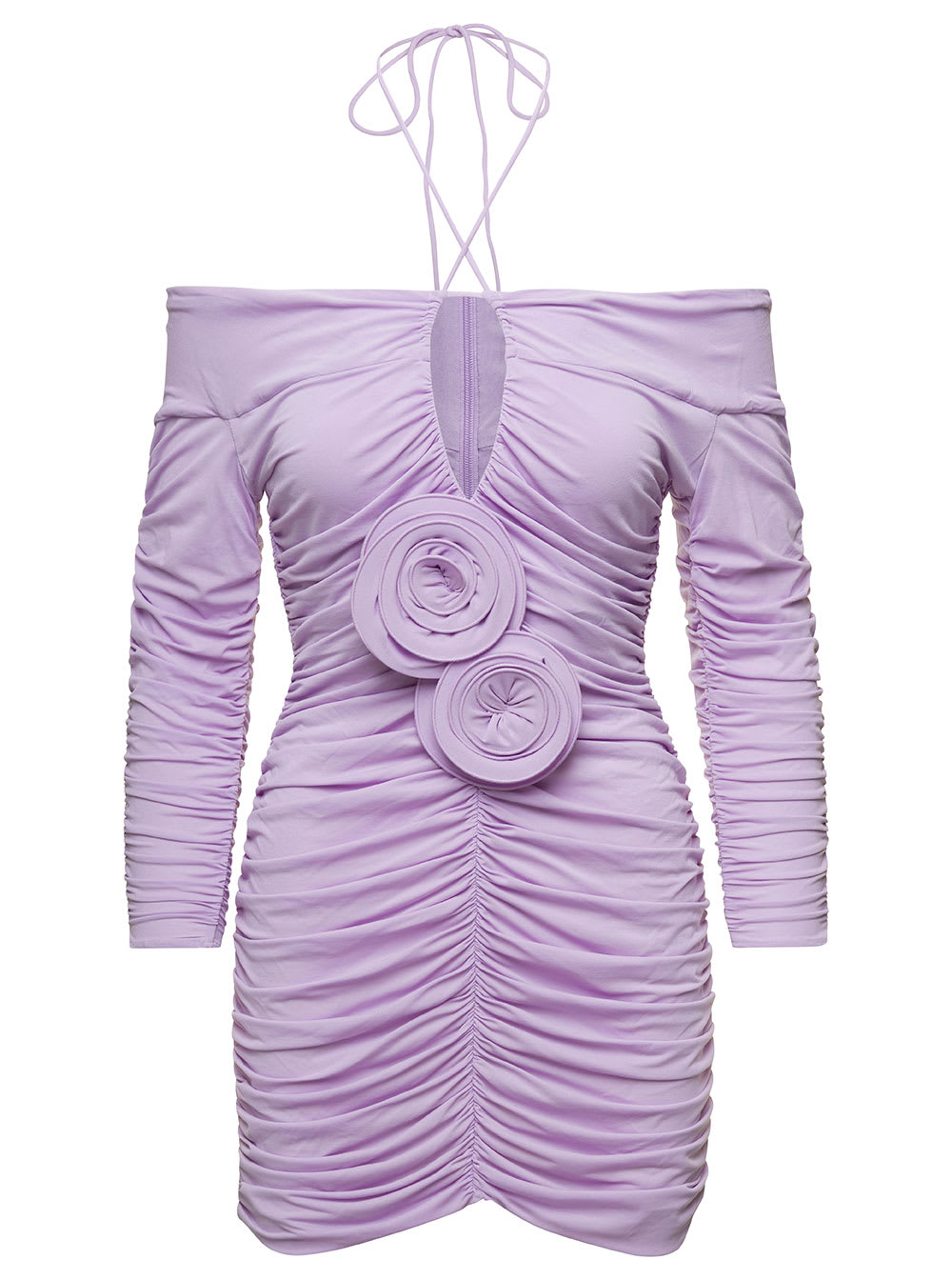 MAGDA BUTRYM LILAC GATHERED OFF-THE-SHOULDERS MINI DRESS WITH ROSES IN STRETCH COTTON WOMAN